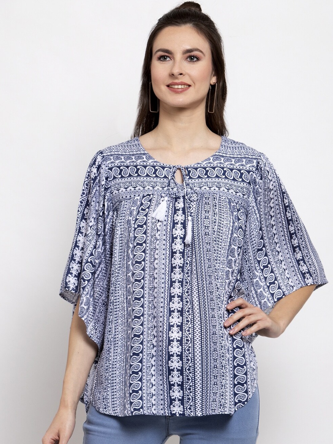 

PATRORNA White & Navy Blue Print Tie-Up Neck Kaftan Cotton Blend Top