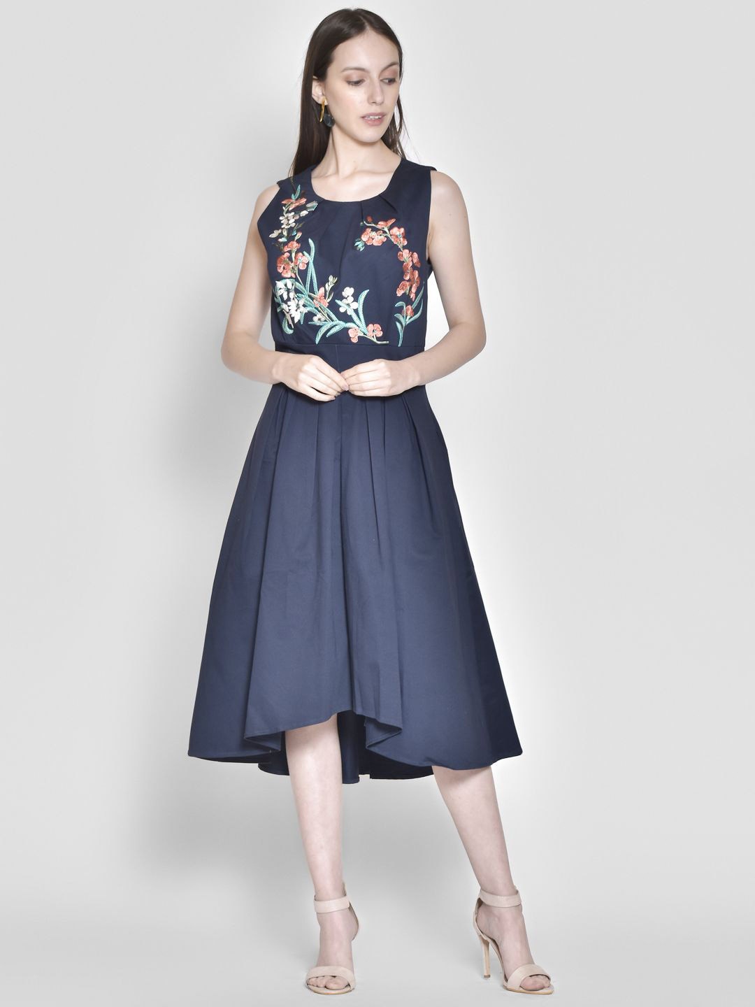 

250 DESIGNS Navy Blue Floral Embroidered Georgette Midi Dress