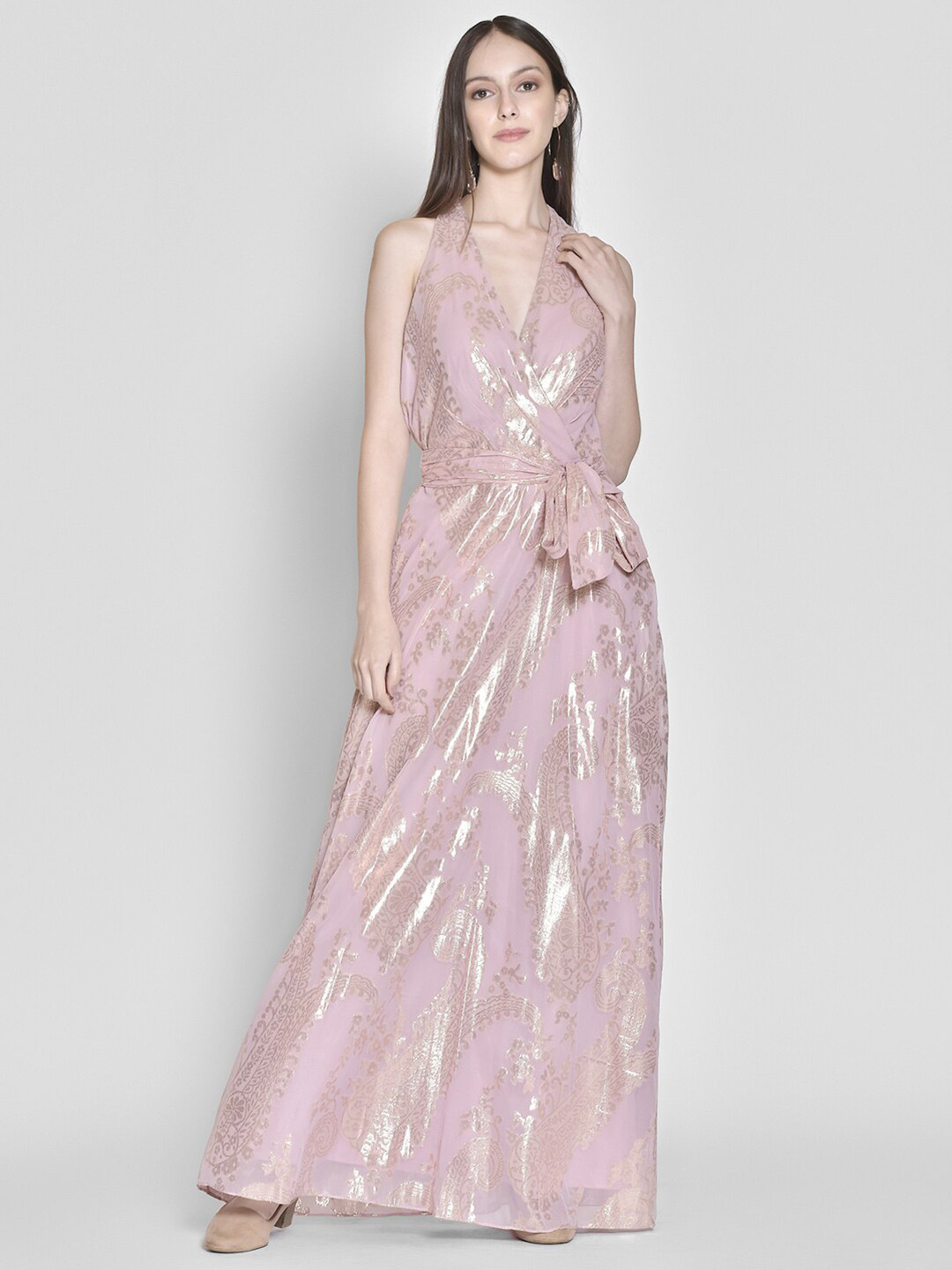 

250 DESIGNS Peach-Coloured Ethnic Motifs Halter Neck Georgette Maxi Dress