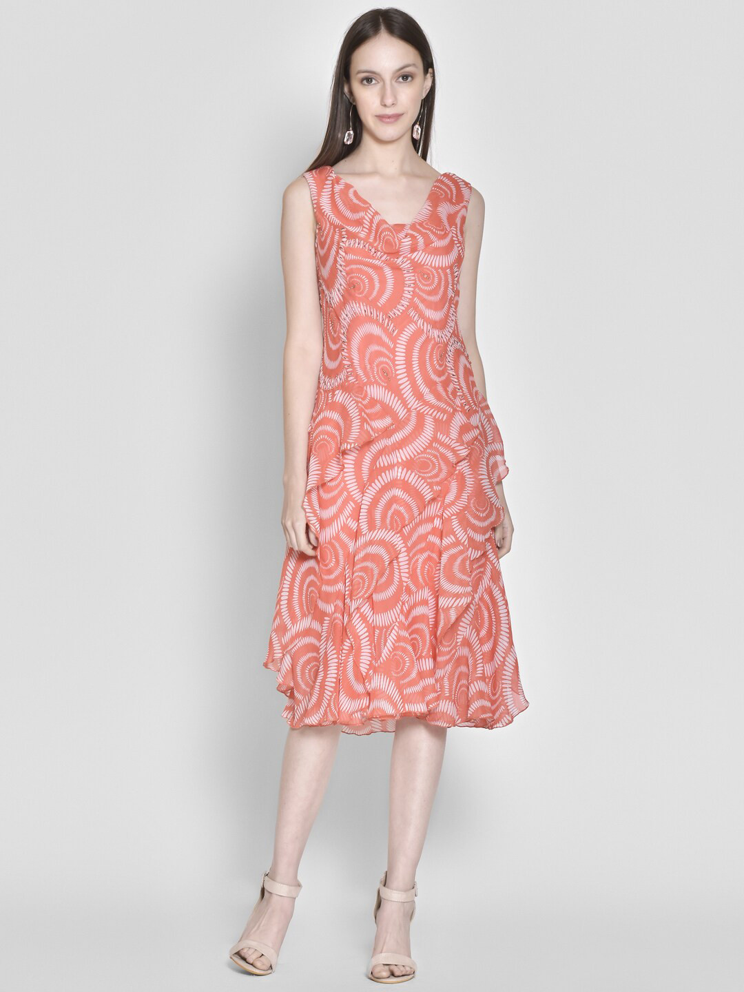 

250 DESIGNS Orange & White Cowl Neck Georgette A-Line Midi Dress
