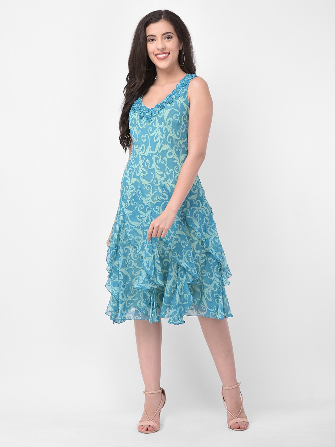 

250 DESIGNS Turquoise Blue Floral Georgette Dress