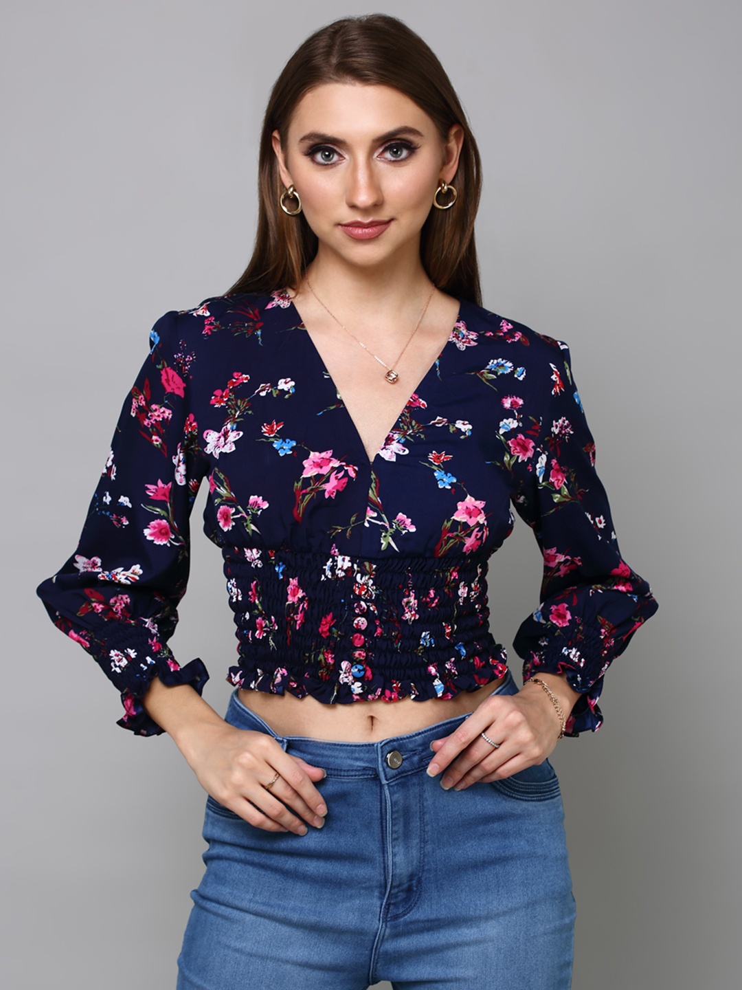 

aturabi Navy Blue Floral Print Wrap Crop Top