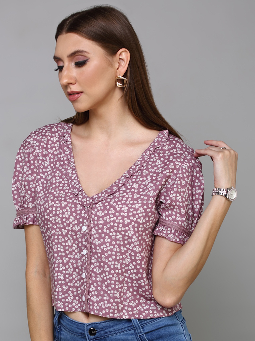 

aturabi Purple Floral Print Crop Top