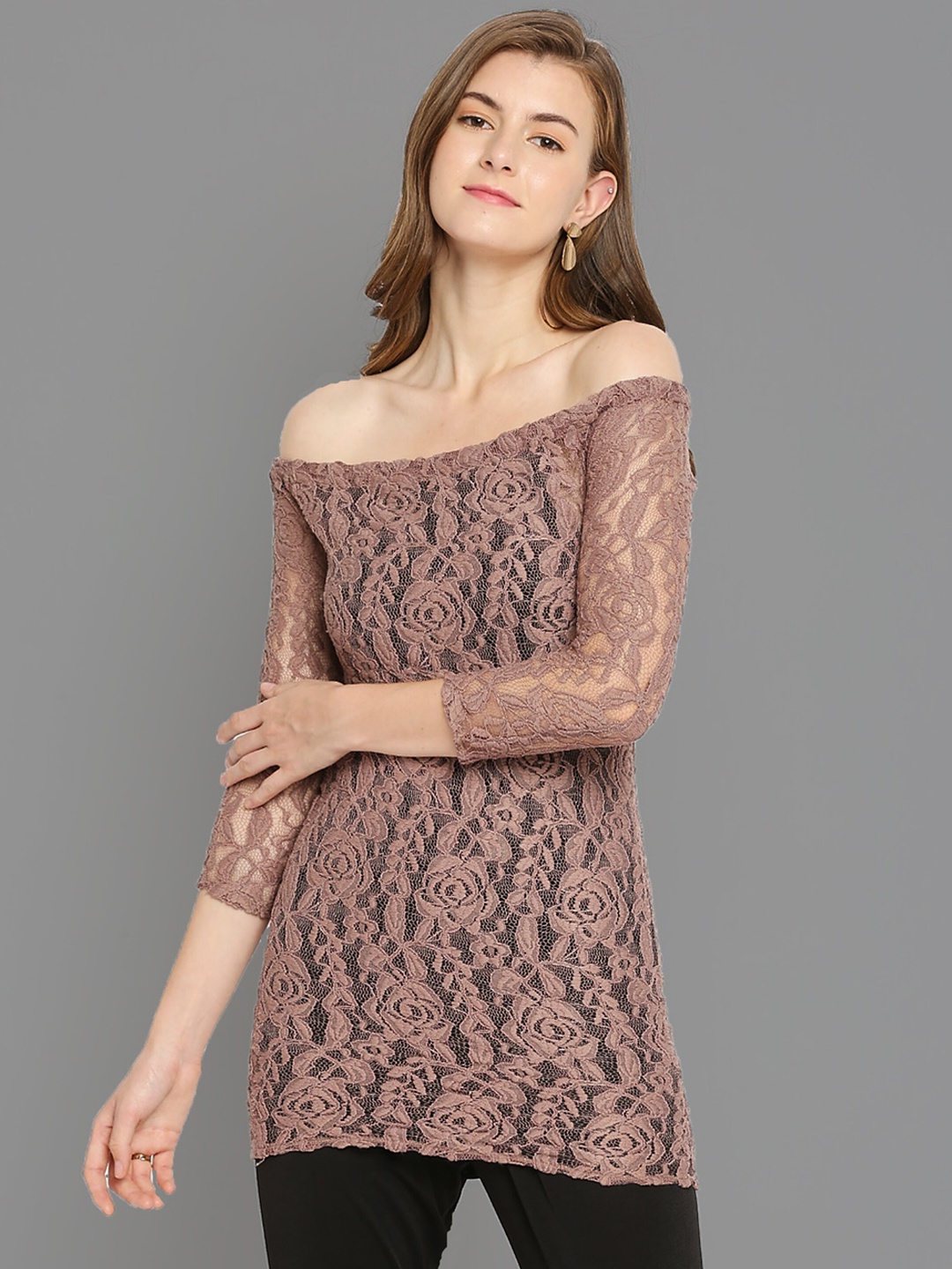 

Ira Soleil Women Tan Self Design Off-Shoulder Longline Top