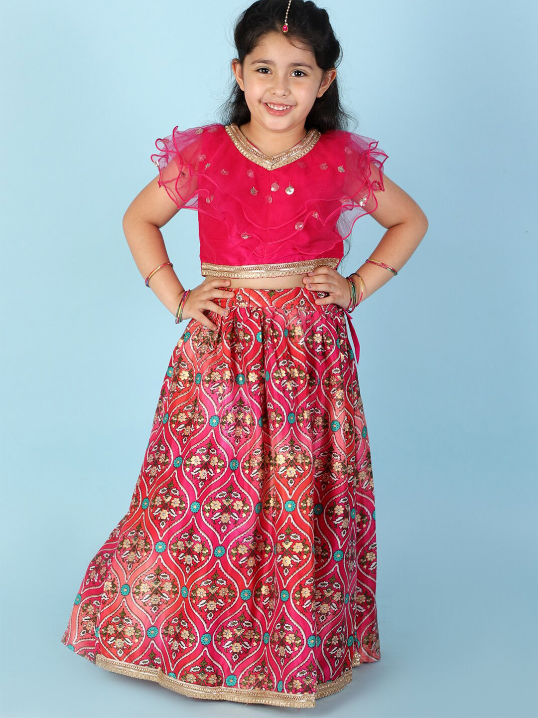

KID1 Girls Pink & Blue Embroidered Ready to Wear Lehenga &