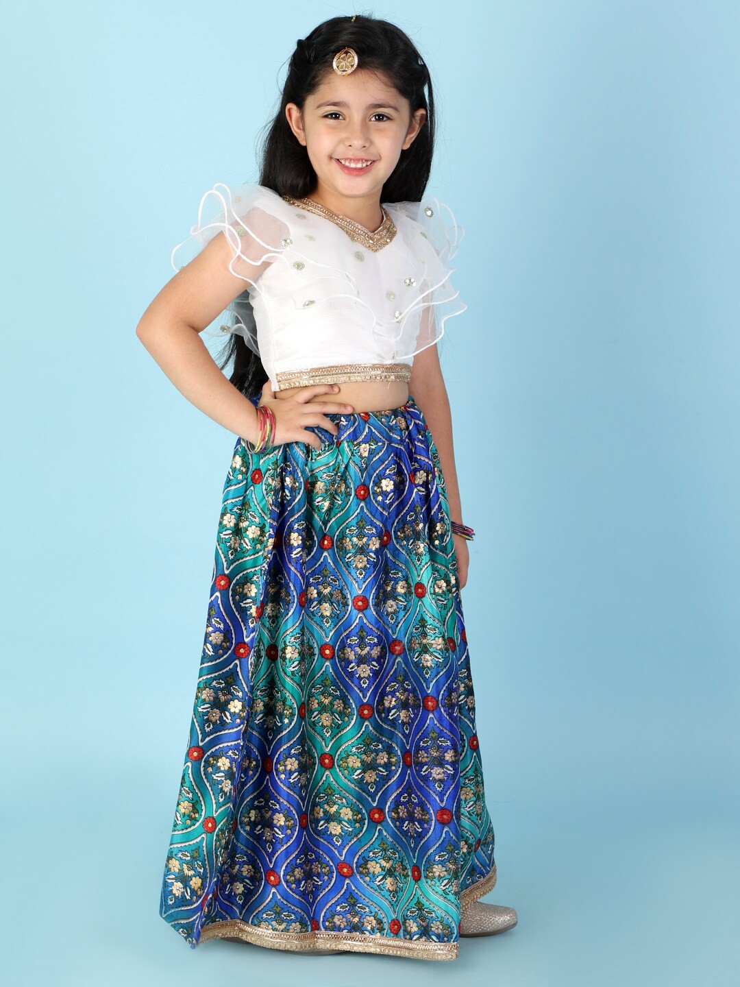 

KID1 Girls White & Blue Embroidered Ready to Wear Lehenga