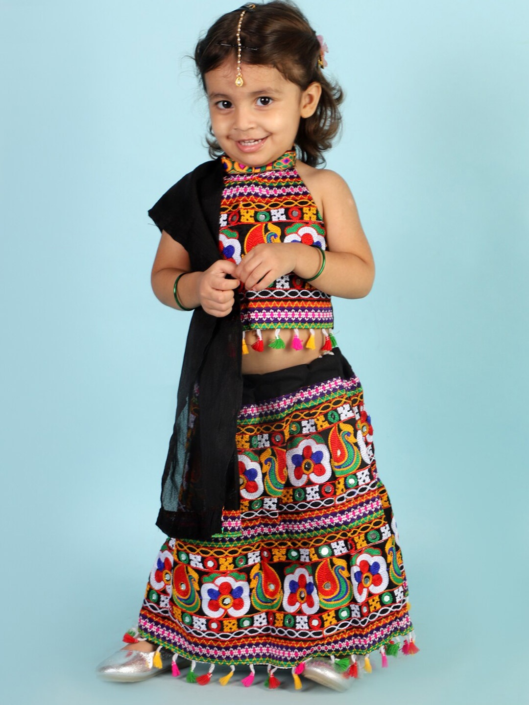 

KID1 Girls Black & Orange Embroidered Ready to Wear Lehenga & Blouse With Dupatta