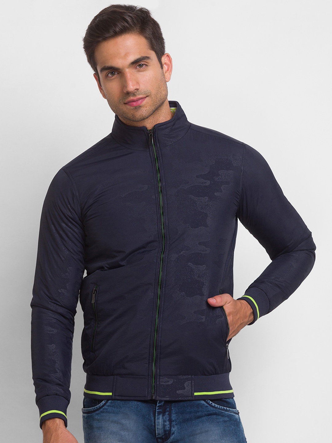 

Being Human Men Navy Blue Camouflage Longline Bomber Jacket