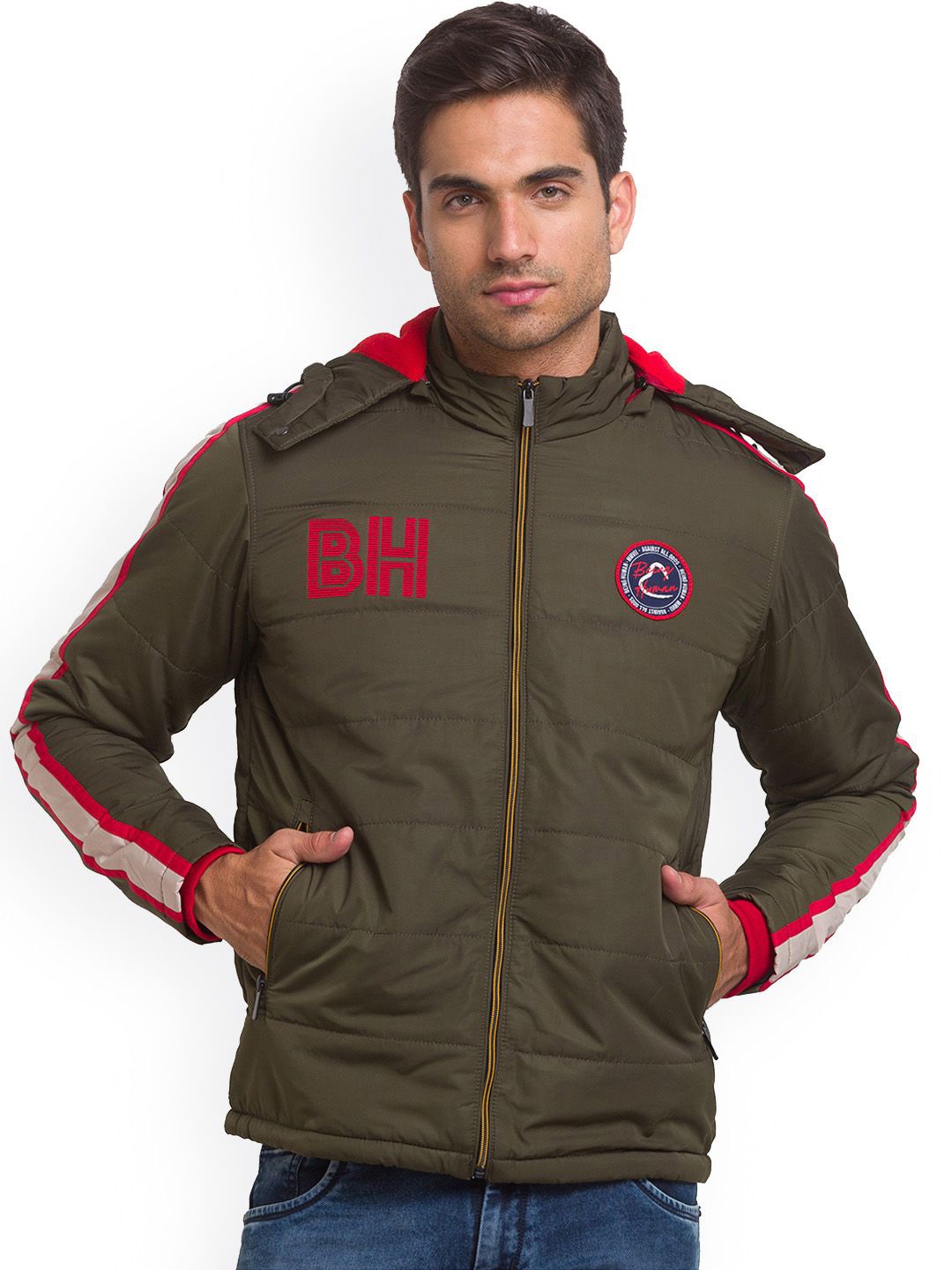 

Being Human Men Olive Green Colourblocked Crop Open Front Jacket with Patchwork