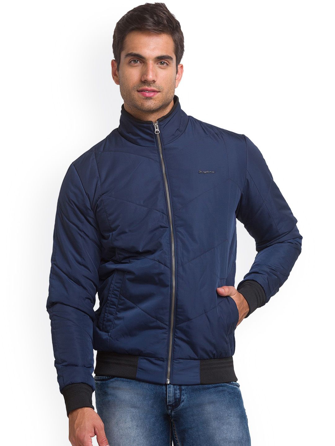 

Being Human Men Navy Blue Bomber with Patchwork Jacket