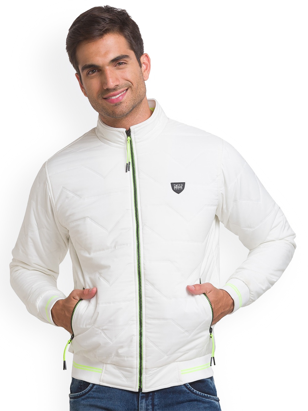 

Being Human Men White Striped Bomber with Patchwork Jacket