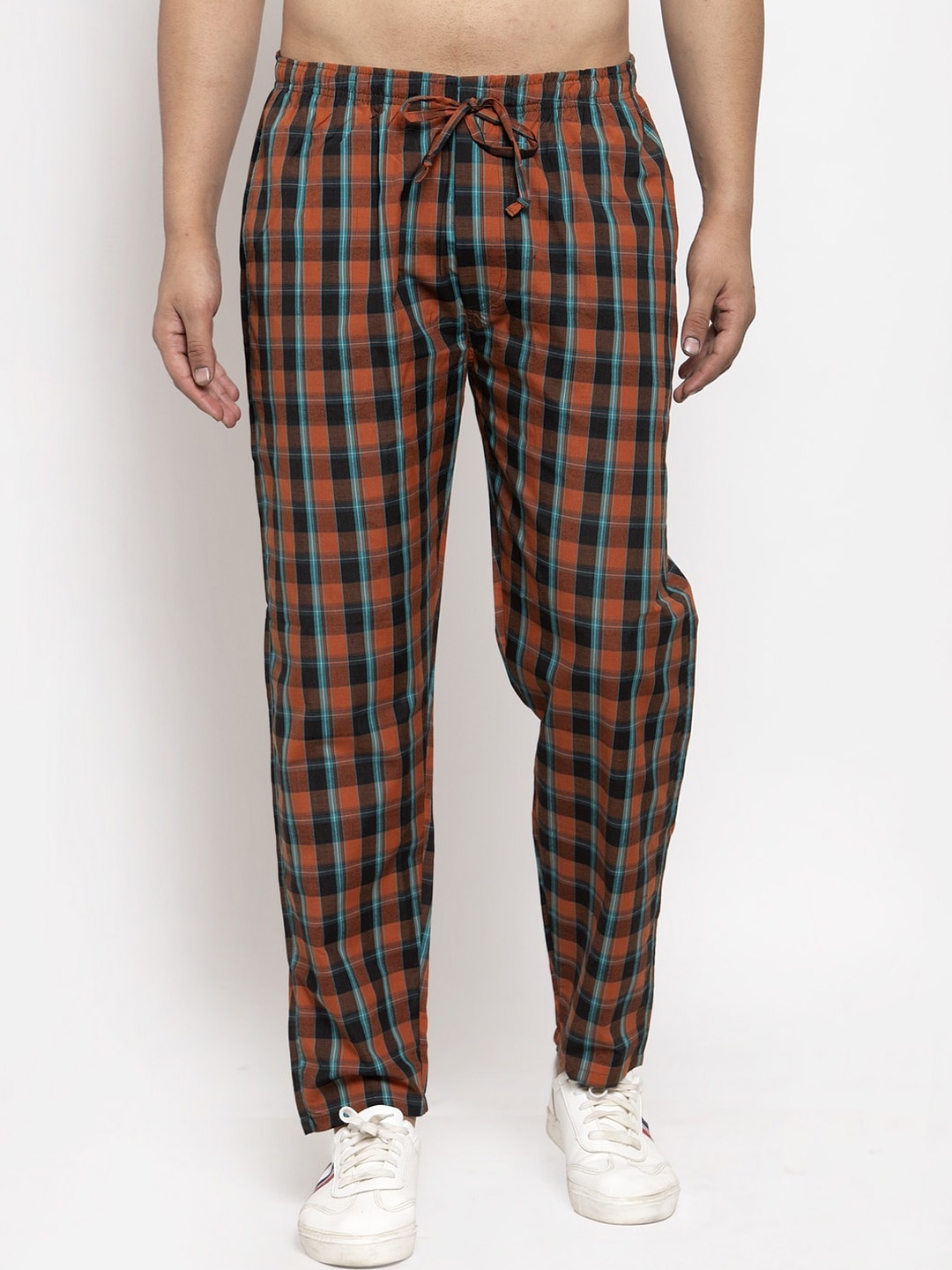 

JAINISH Men Orange & Black Checked Straight-Fit Cotton Track Pants