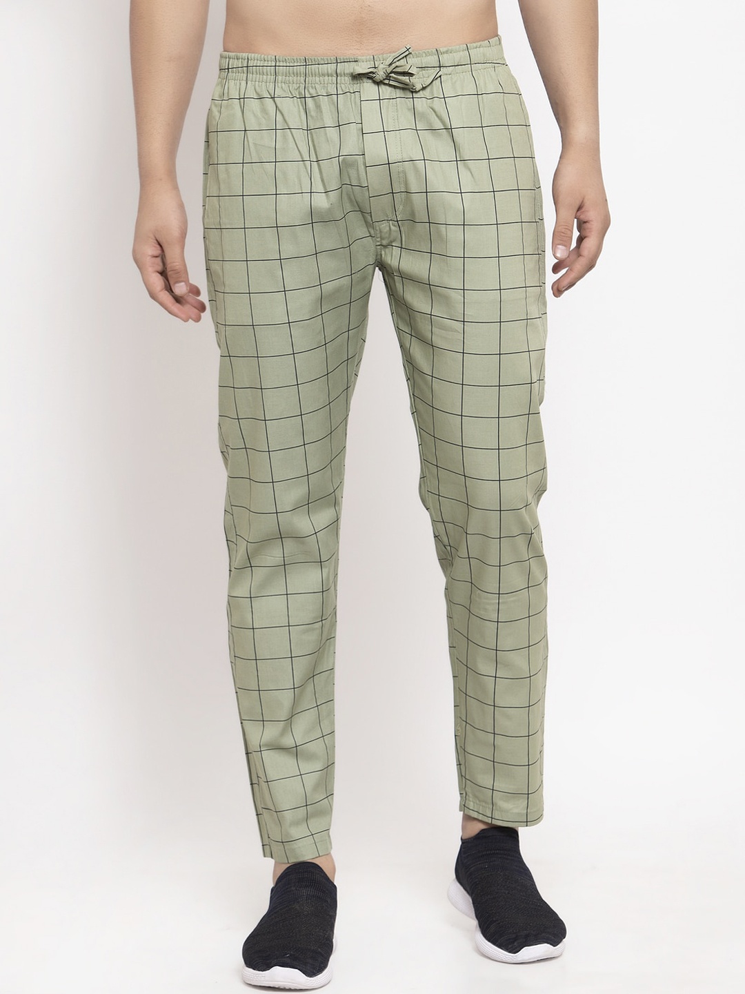 

JAINISH Men Green & Black Checked Cotton Track Pants