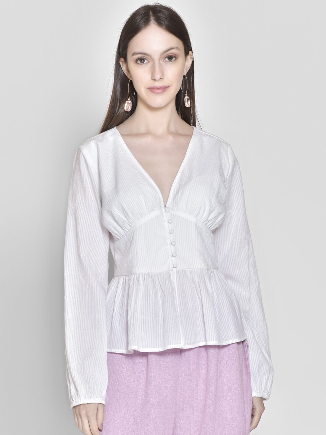 

250 DESIGNS White Solid V-Neck Peplum Viscose Rayon Top