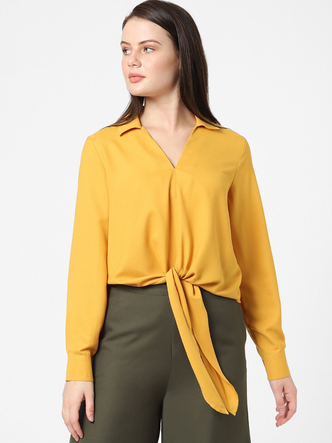 

Vero Moda Yellow Solid Shirt Style Polyester Top