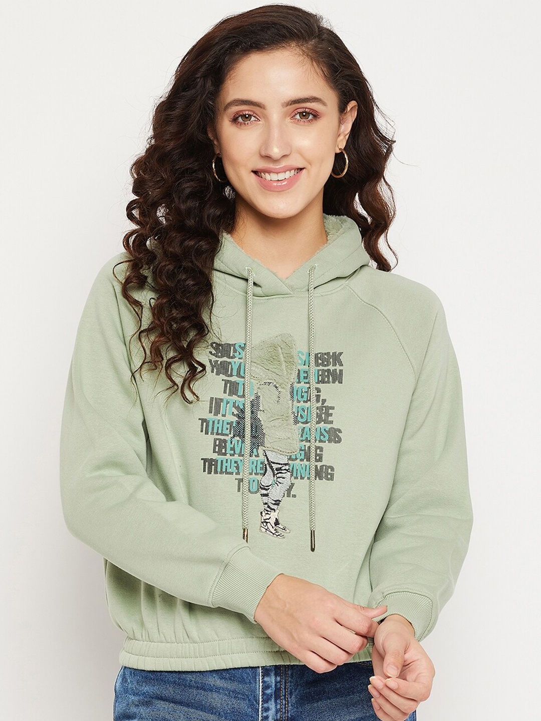 

Madame Women Green Printed Cotton Sweatshirt