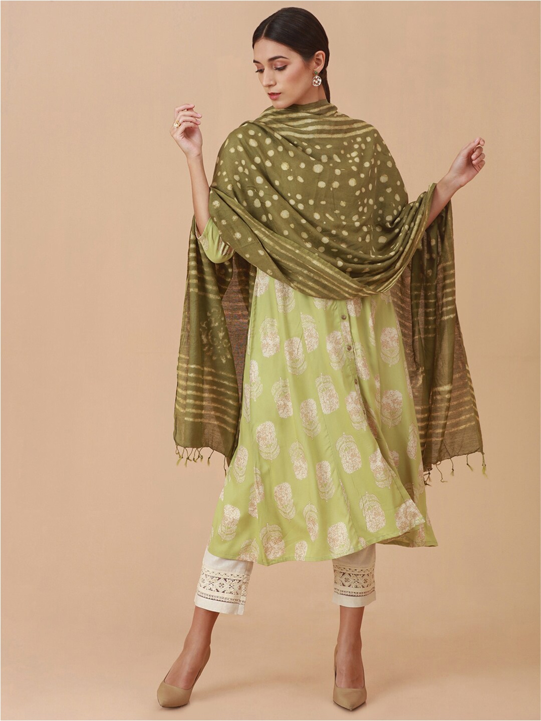 

Soch Green & Beige Printed Dupatta