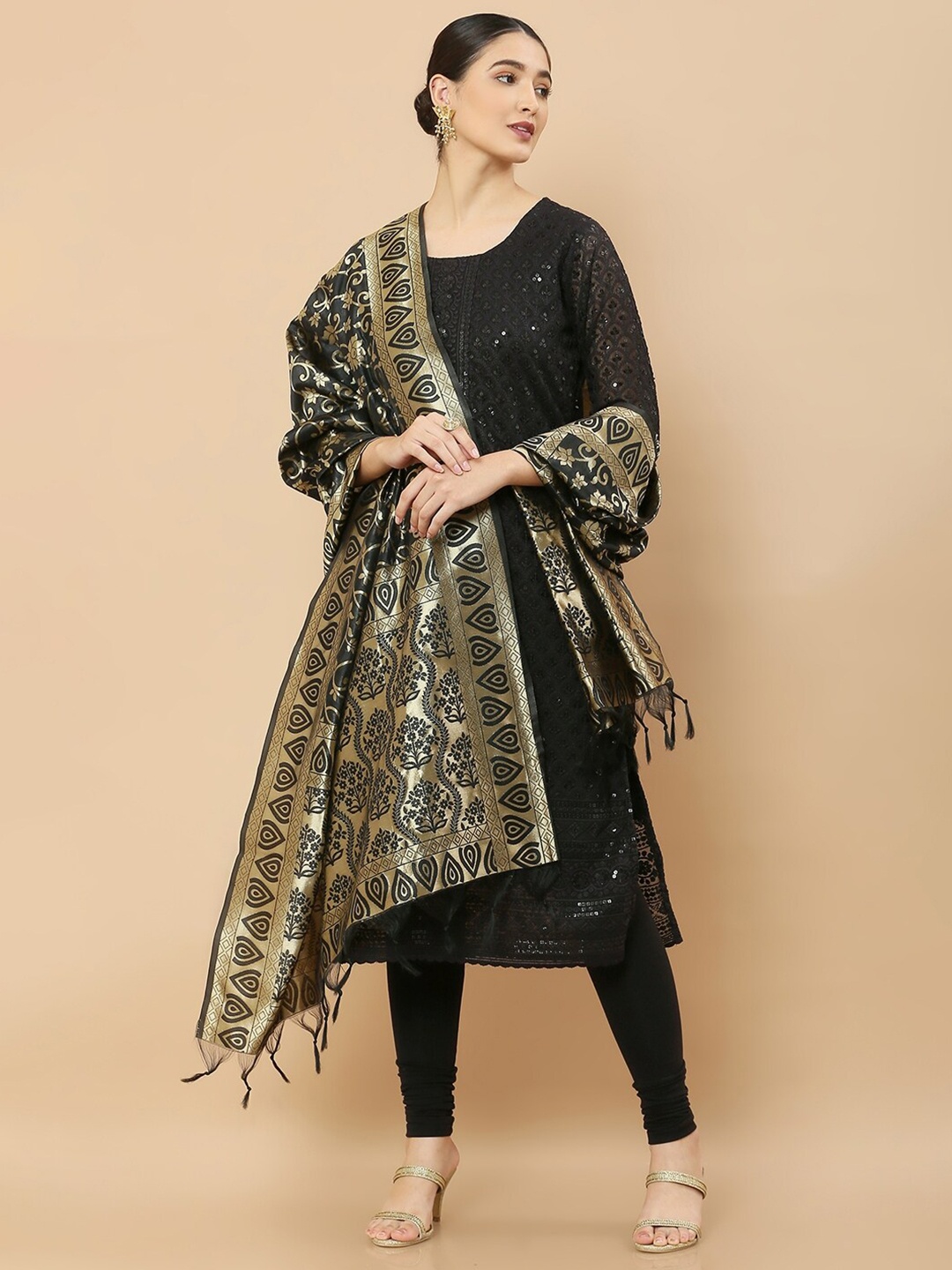 

Soch Women Black & Gold-Toned Woven Design Dupatta with Zari