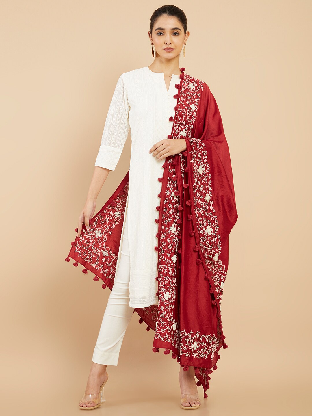 

Soch Maroon & White Embroidered Dupatta