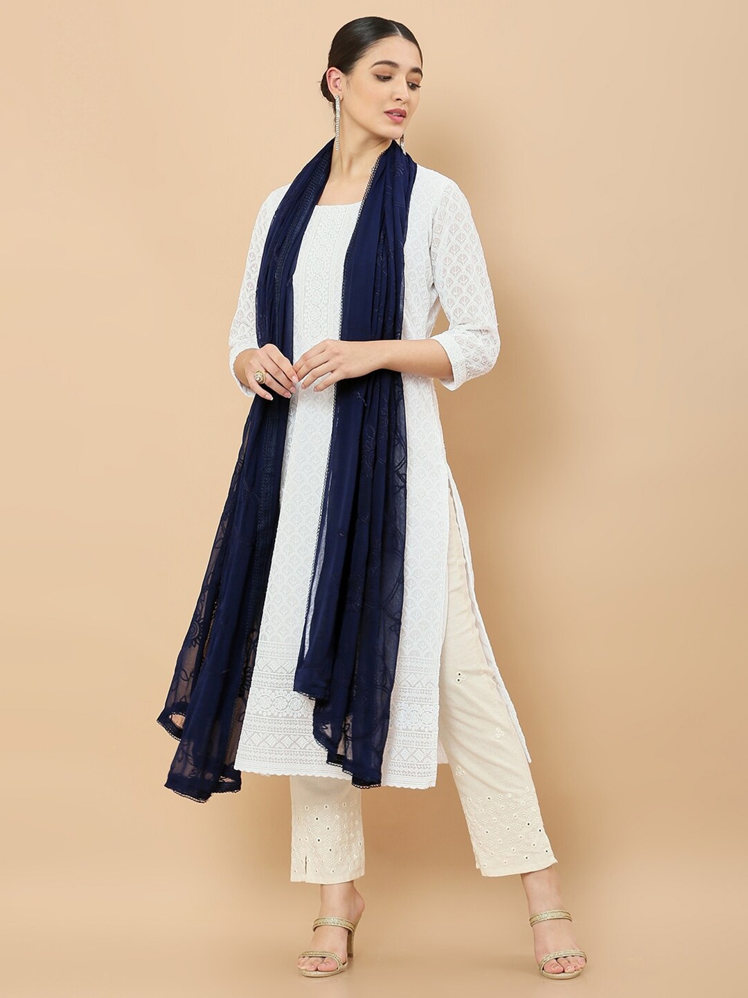 

Soch Navy Blue Embroidered Dupatta with Thread Work