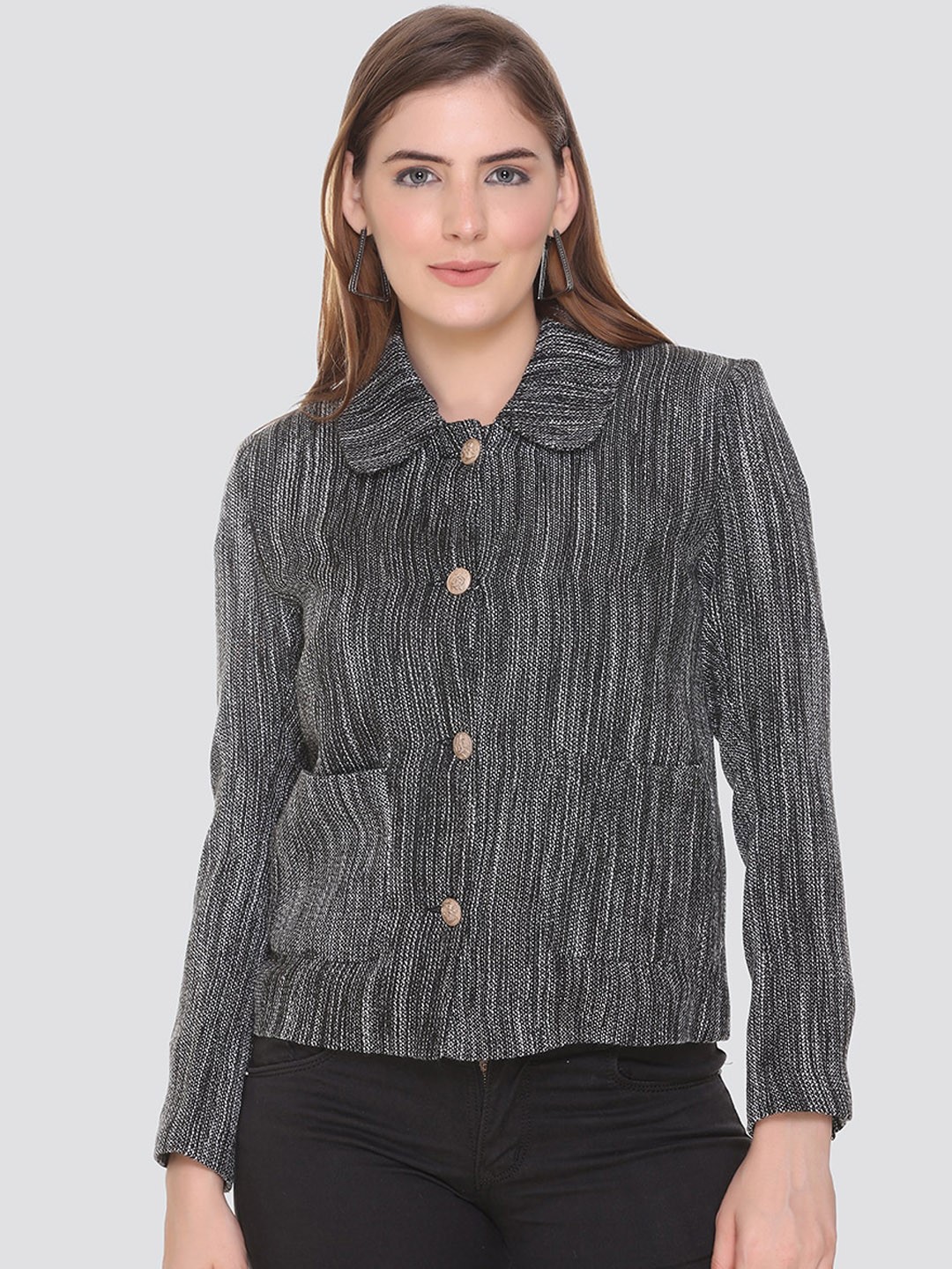 

HONNETE Women Black & White Self-Design Acrylic Pea Coats