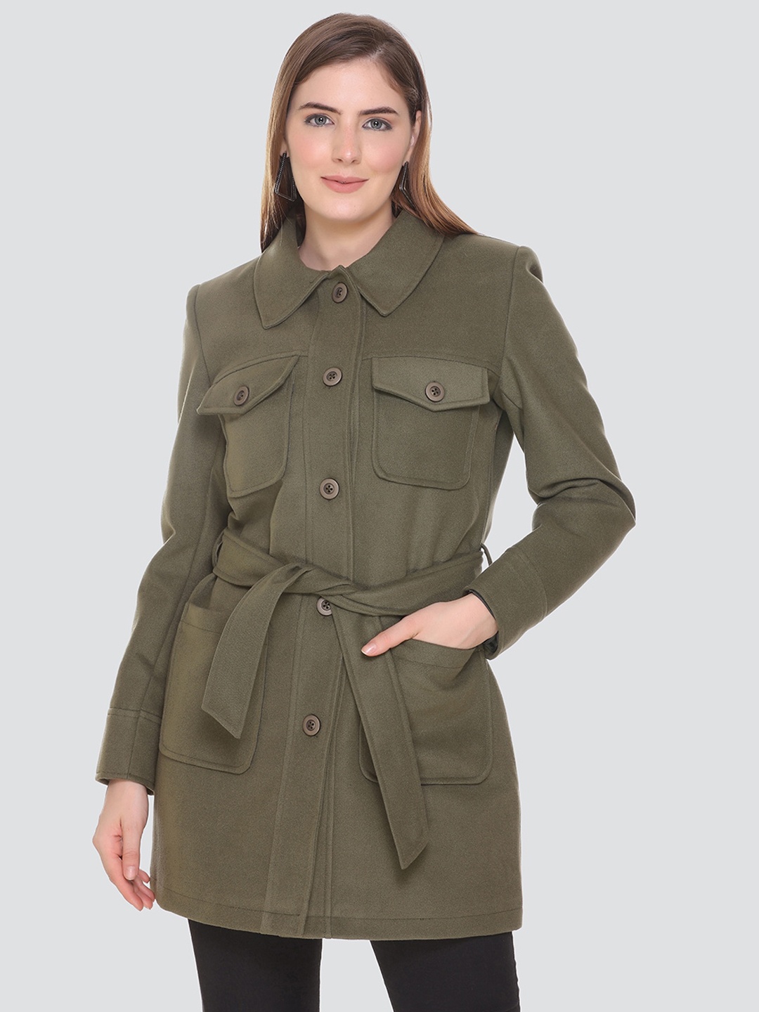 

HONNETE Women Olive Green Solid Acrylic Trench Coats