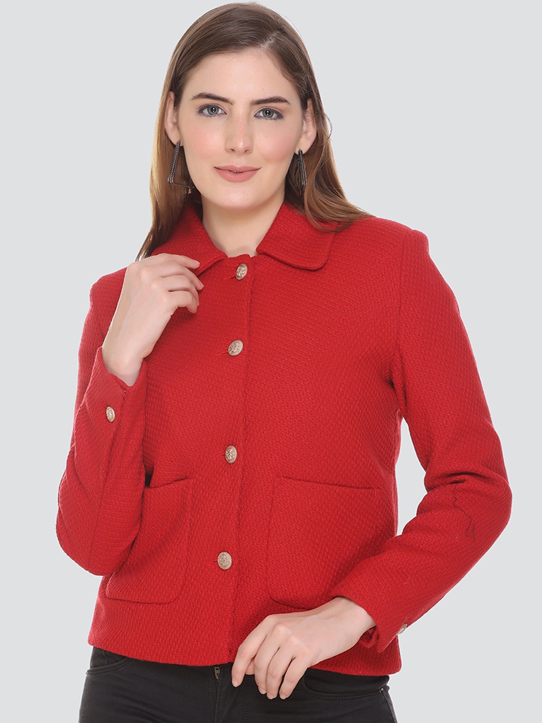 

HONNETE Women Red Self-Design Acrylic Pea Coats