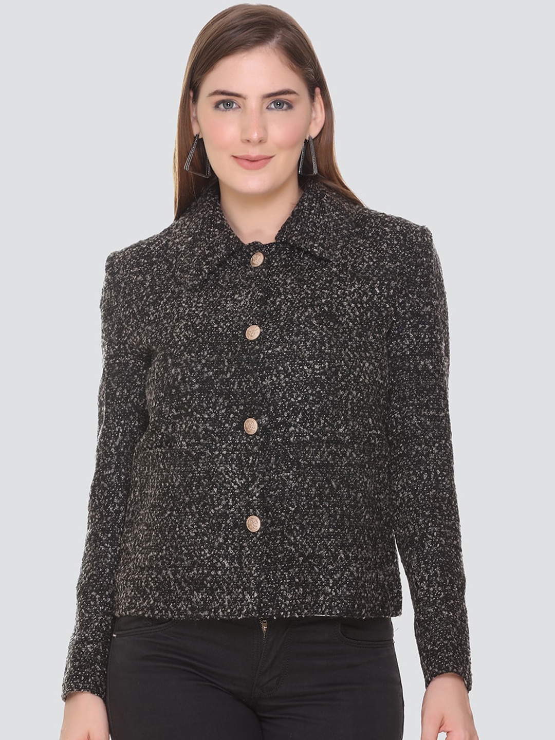 

HONNETE Women Black & White Self-Design Pea Coats