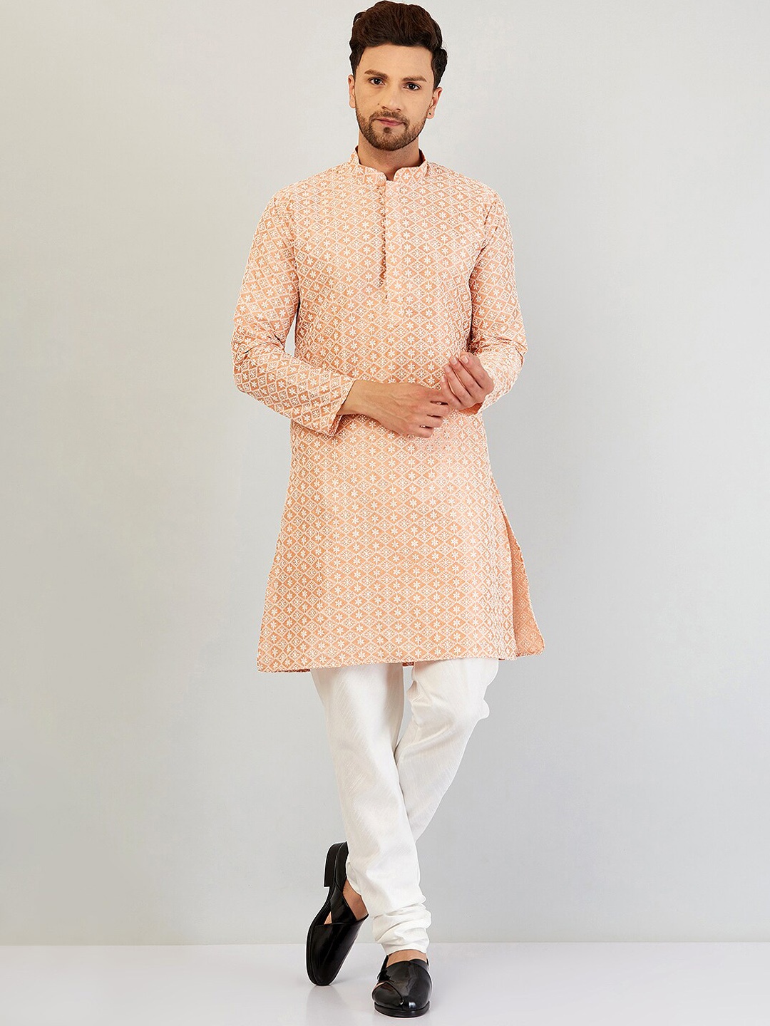 

Armaan Ethnic Men Orange Ethnic Motifs Embroidered Thread Work Kurta