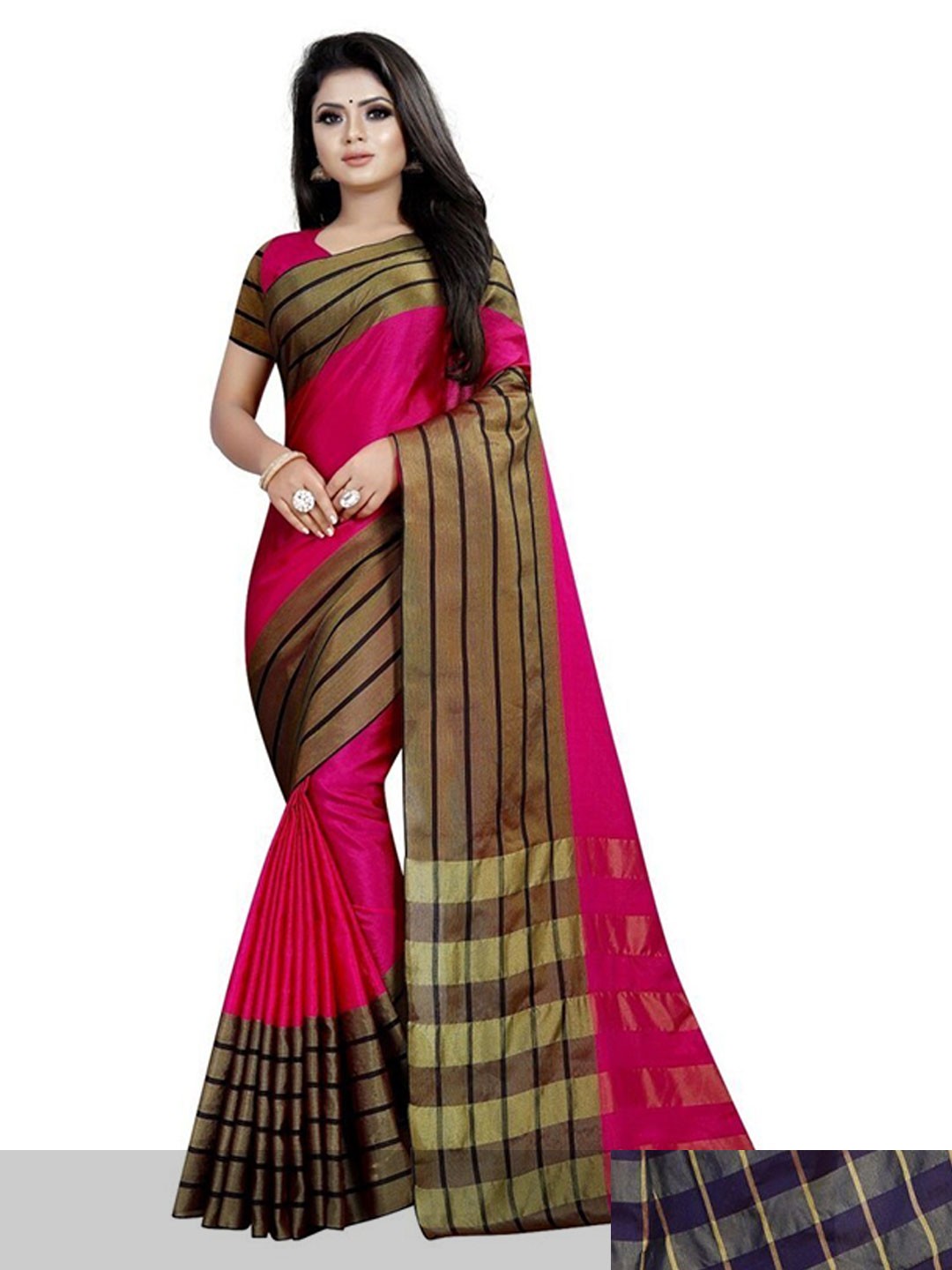 

APNISHA Pink & Gold-Toned Striped Silk Cotton Kasavu Saree