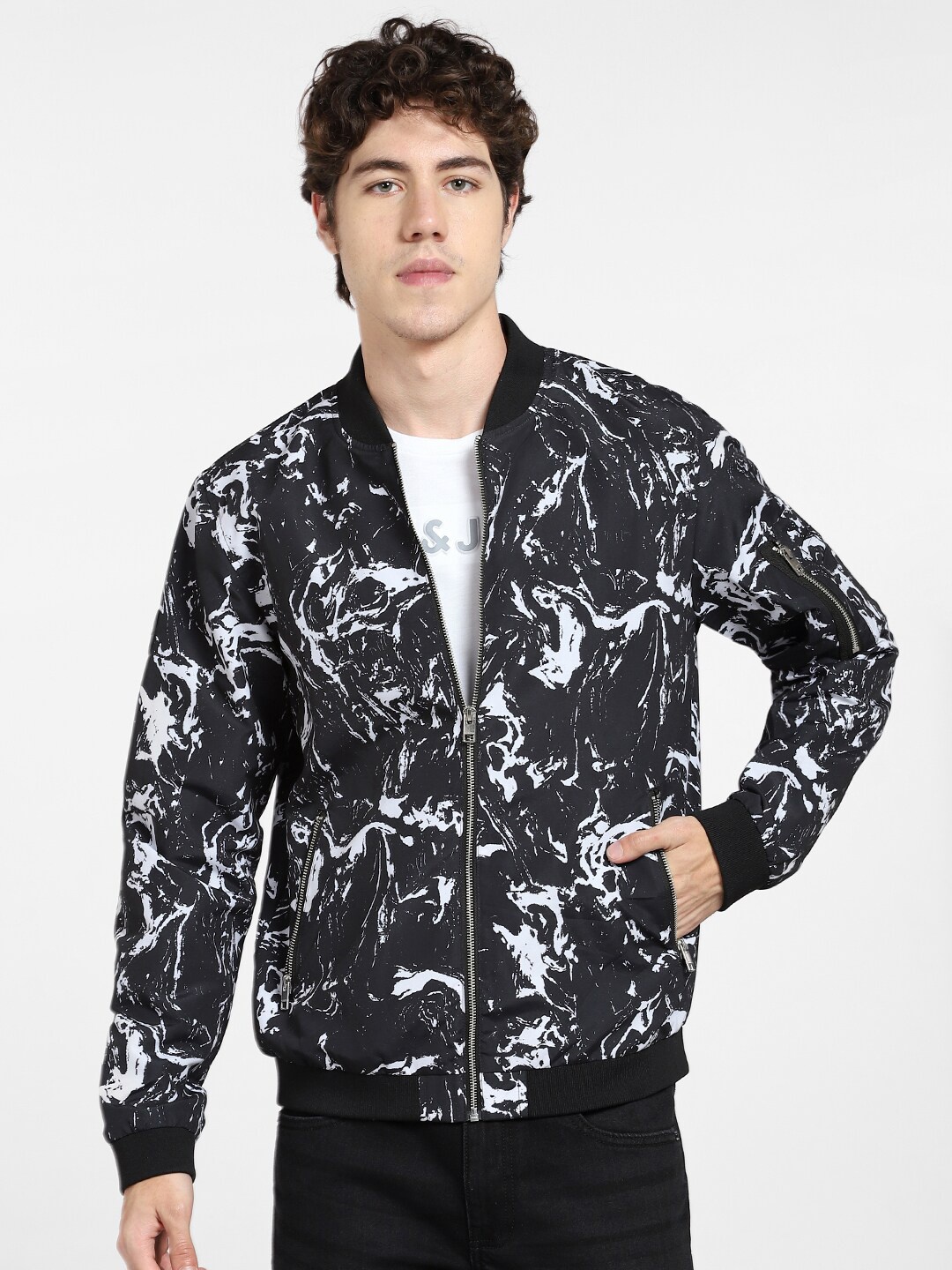 

Jack & Jones Men Black Abstract Printed Bomber Jacket