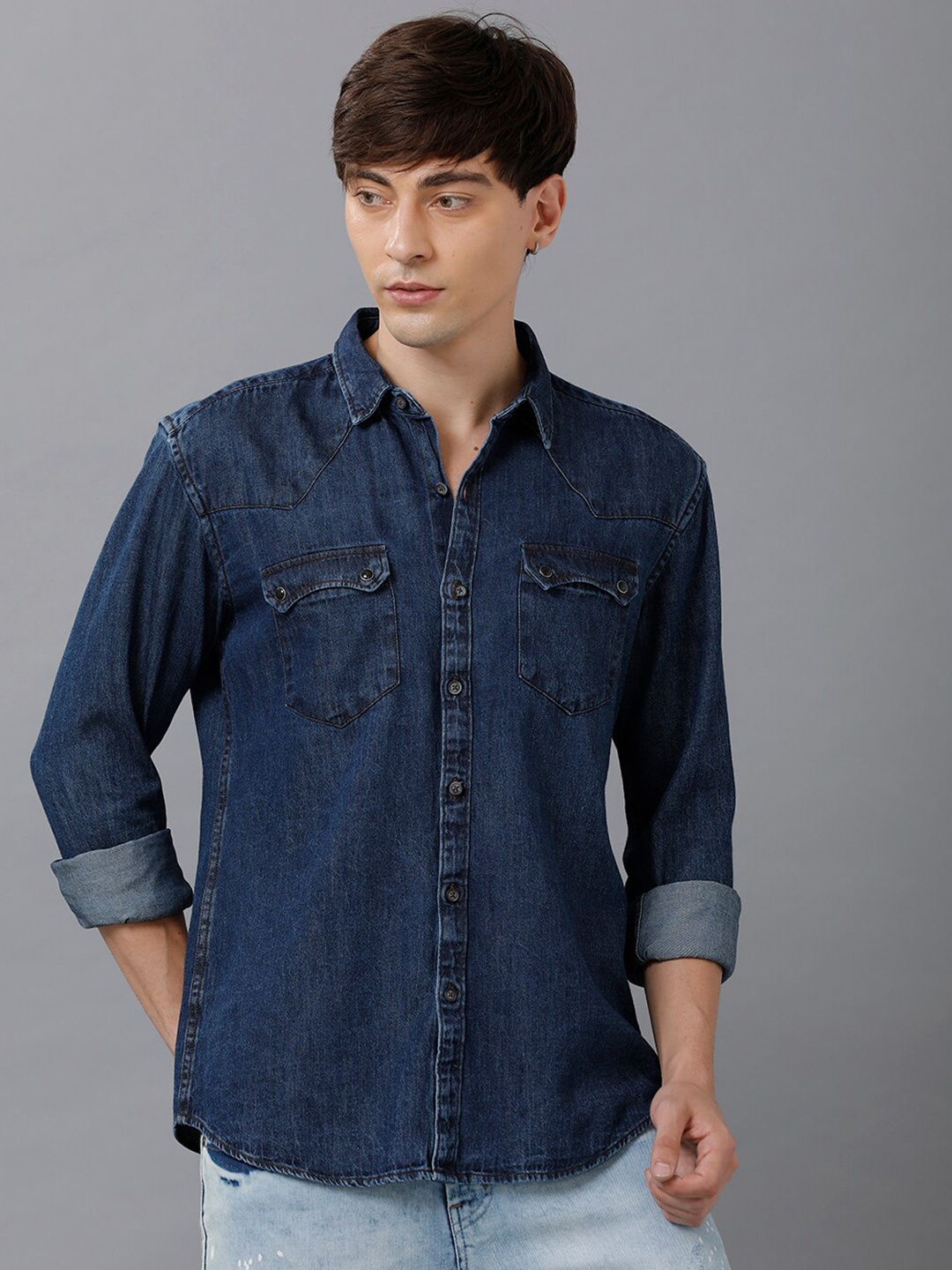 

YOVISH Men Blue Solid Smart Slim Fit Denim Casual Shirt