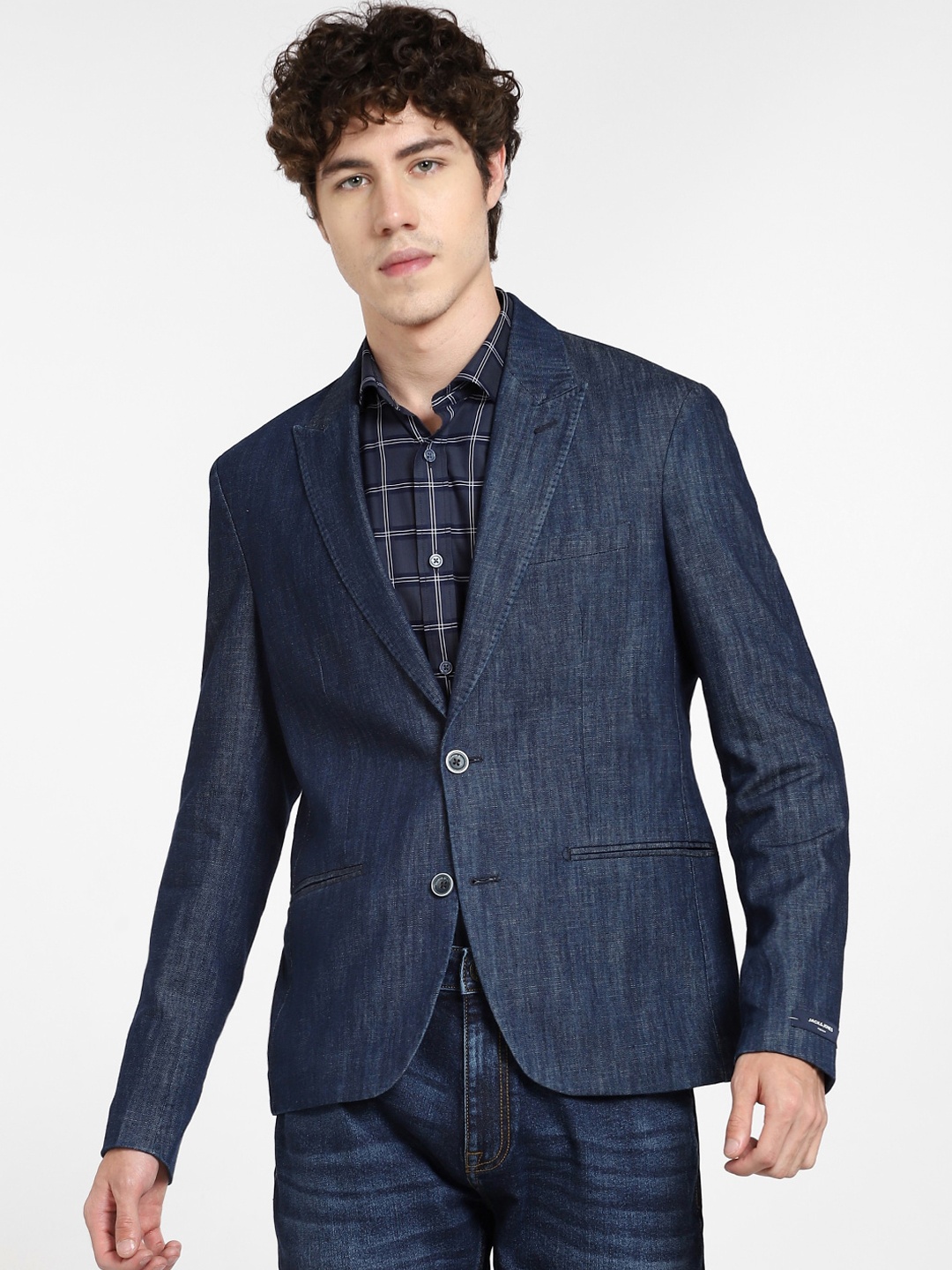

Jack & Jones Men Blue Solid Denim Slim-Fit Single-Breasted Casual Blazer