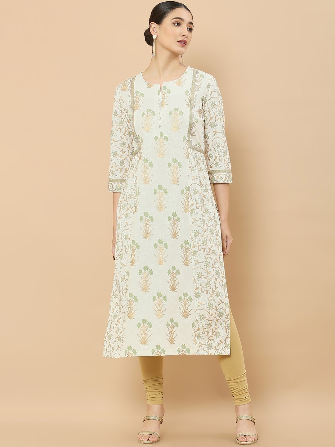 

Soch Women Off White & Gold-Toned Ethnic Motifs Printed Keyhole Neck Kurta