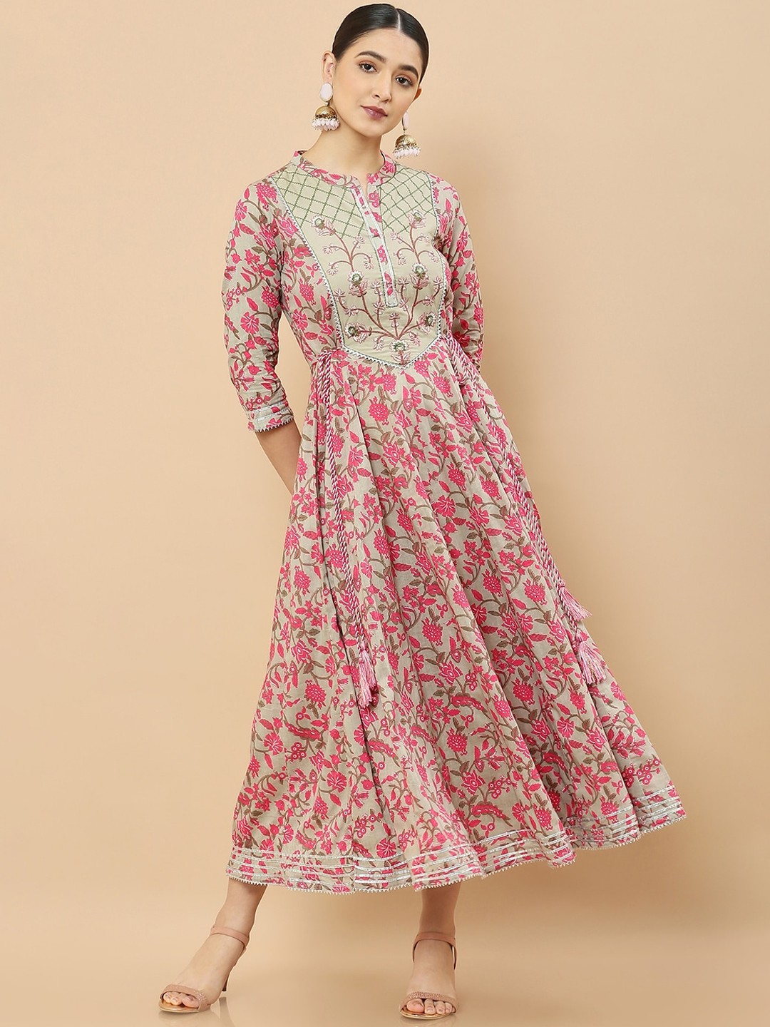 

Soch Floral Printed Mandarin Collar Cotton Ethnic Dress, Beige