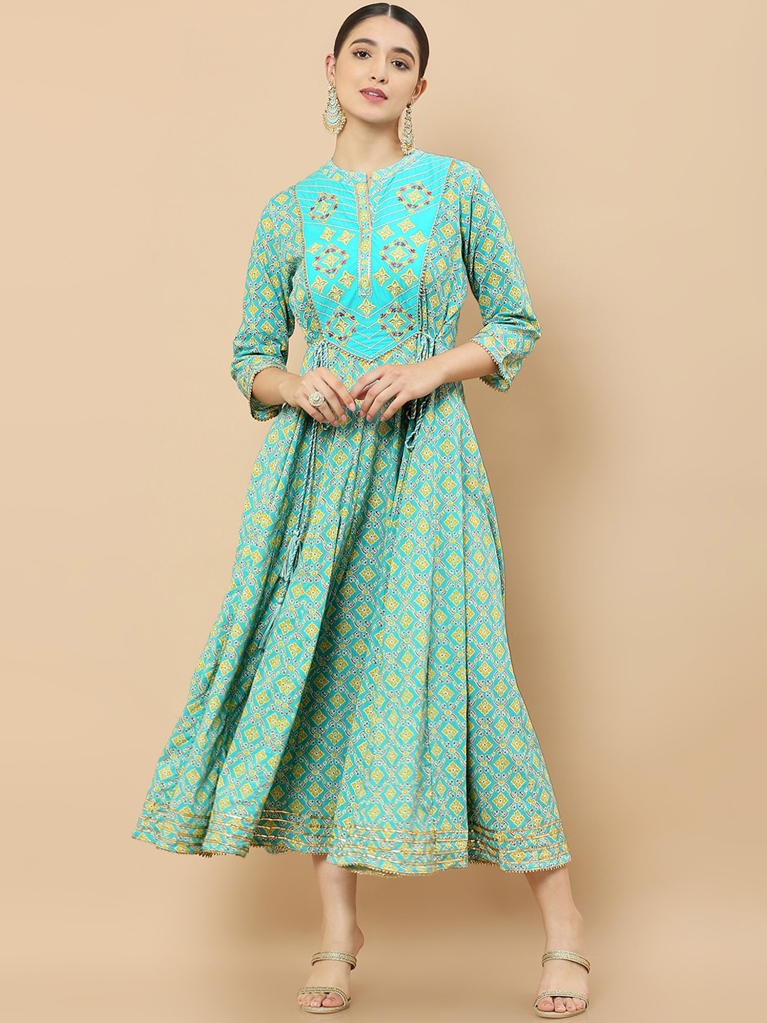 

Soch Ethnic Motifs Printed Mandarin Collar Cotton Ethnic Dress, Blue