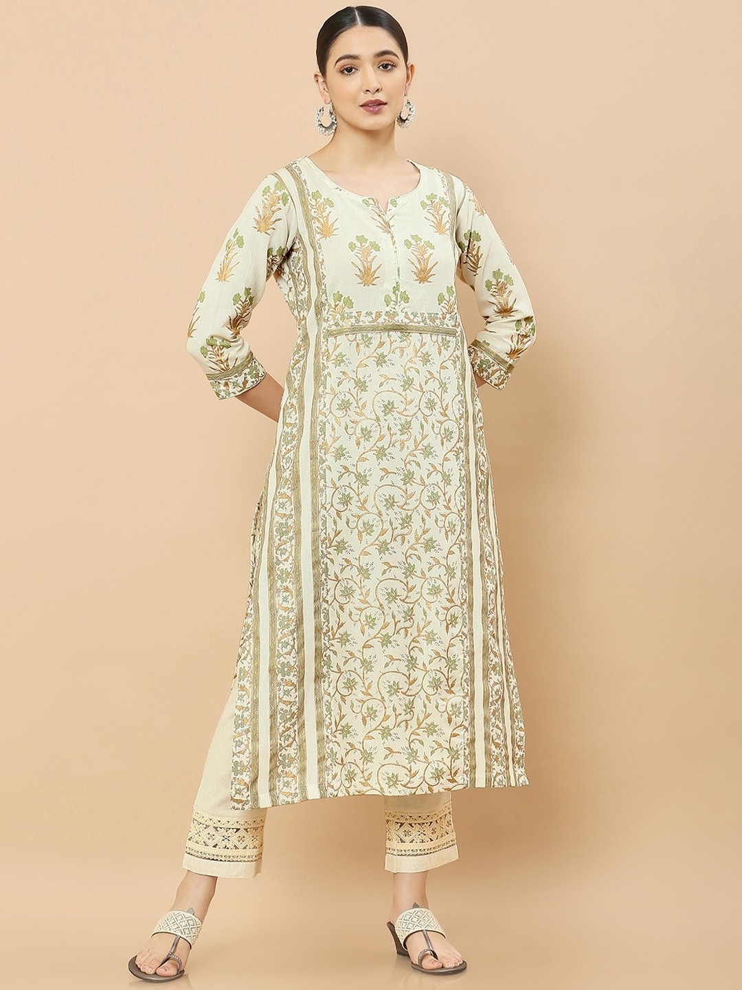 

Soch Women Off White Floral Printed Keyhole Neck Anarkali Kurta