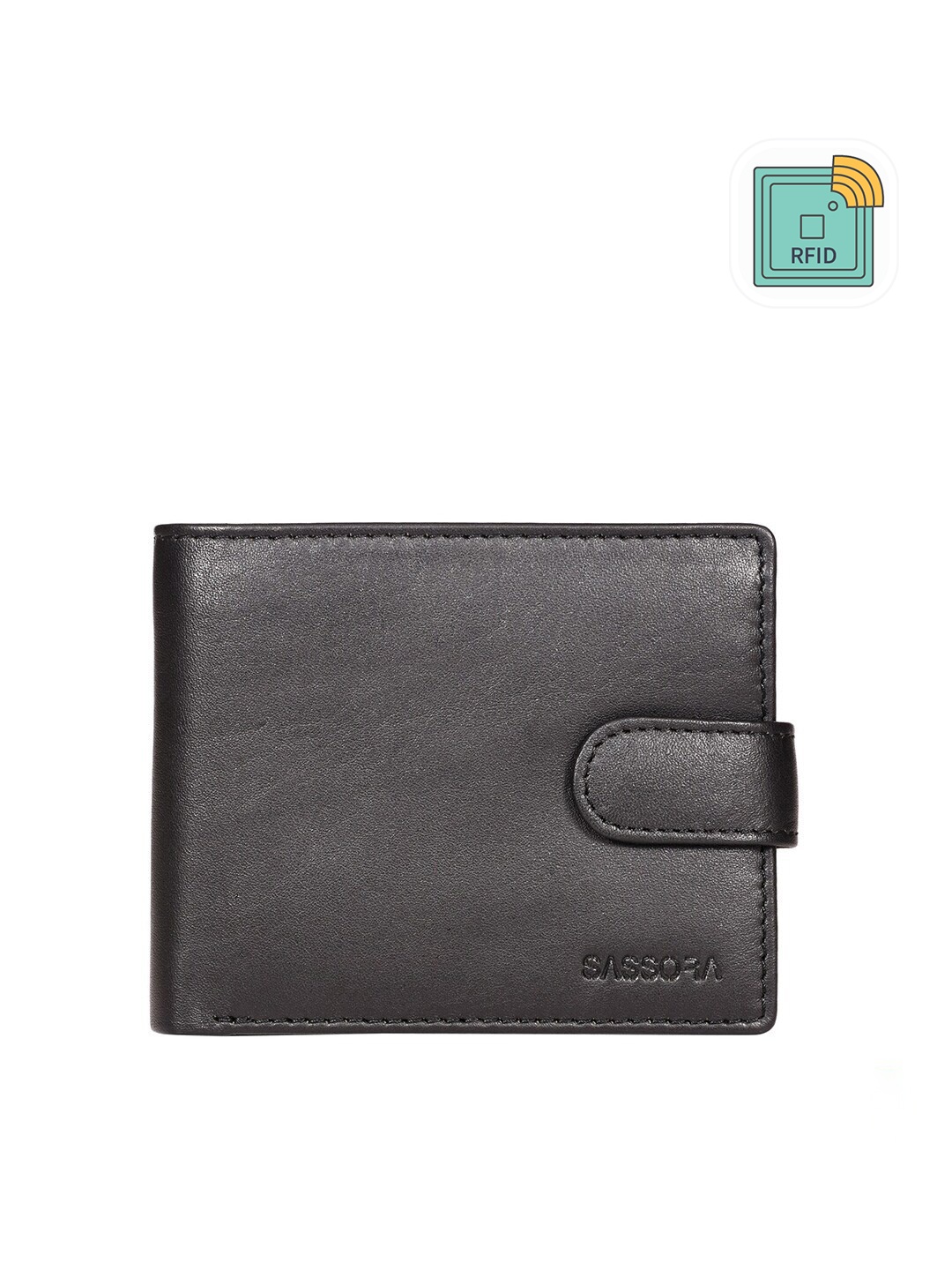 

Sassora Men Black Buckle Detail Leather RFID Two Fold Wallet