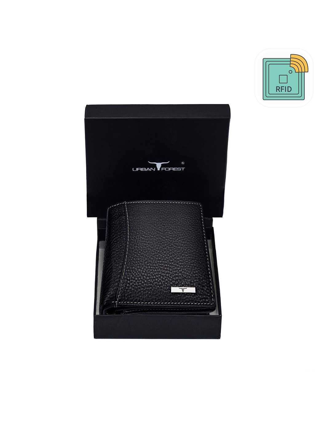 

URBAN FOREST Men Black Leather Two Fold Wallet