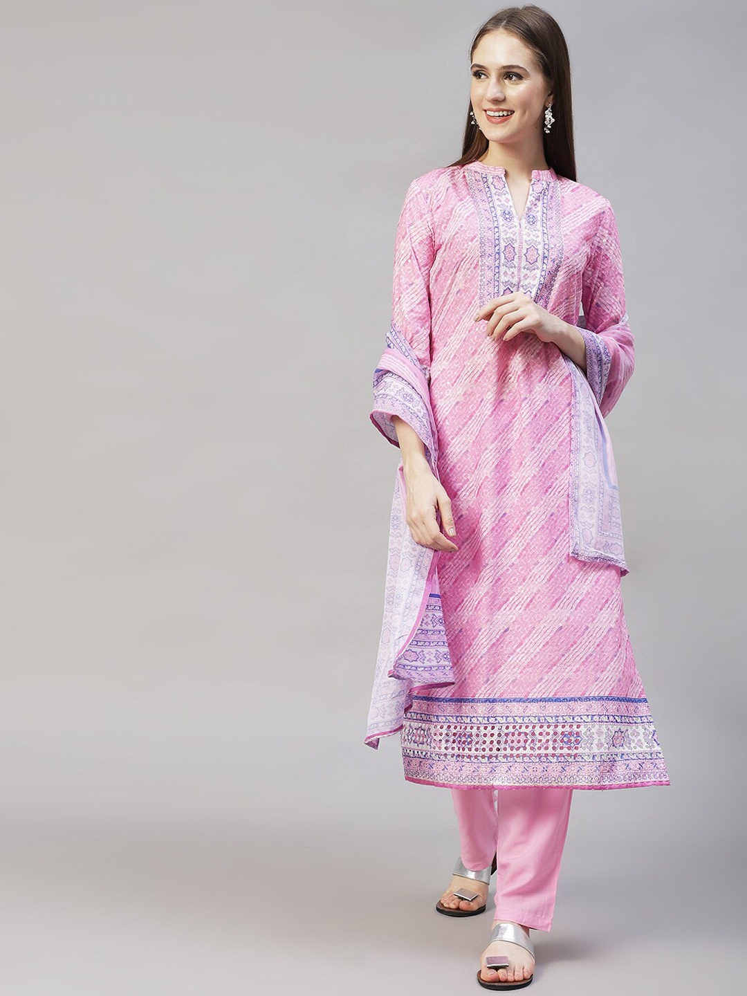 

FASHOR Women Pink Printed Sequinned Pure Cotton Kurta with Trousers & With Dupatta