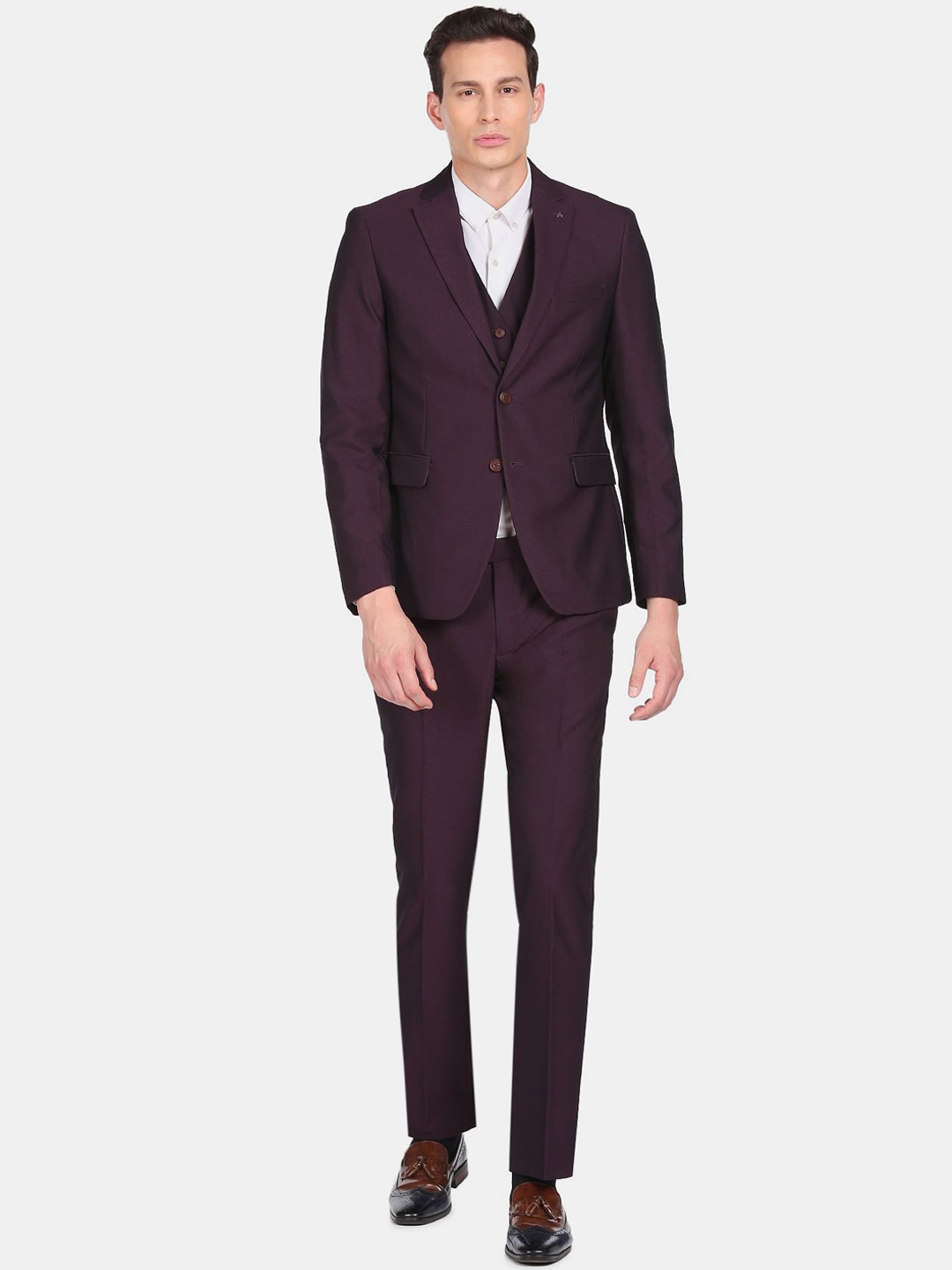 

Arrow Men Burgundy Solid Single-Breasted Three-Piece Formal Suit