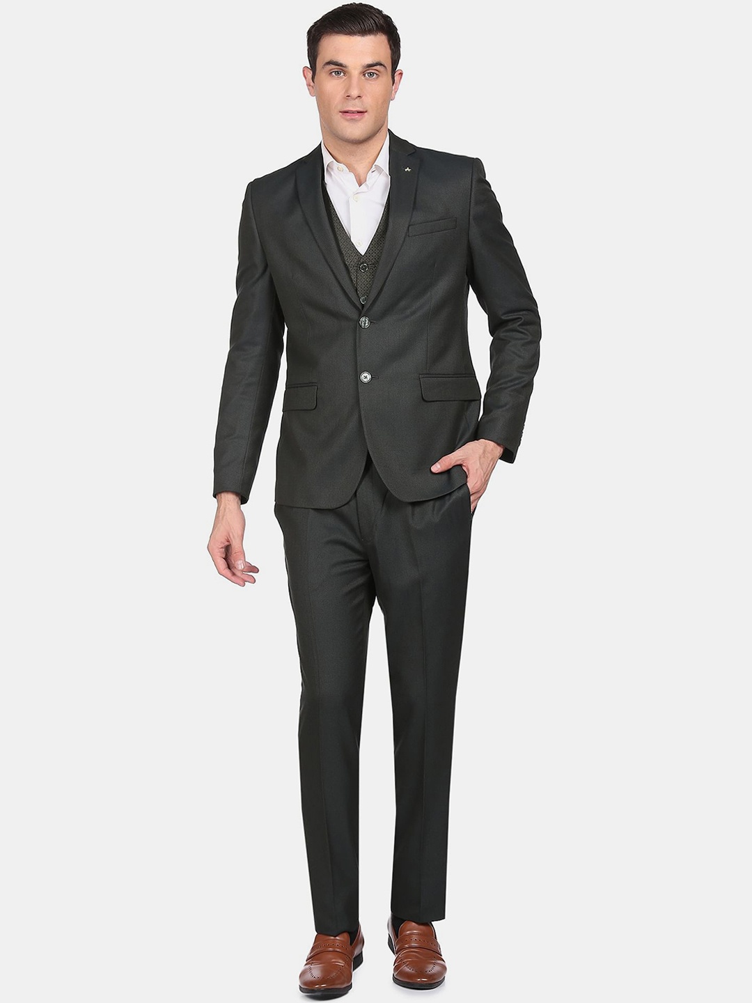 

Arrow Men Olive Green Self Design Single-Breasted Three-Piece Formal Suit