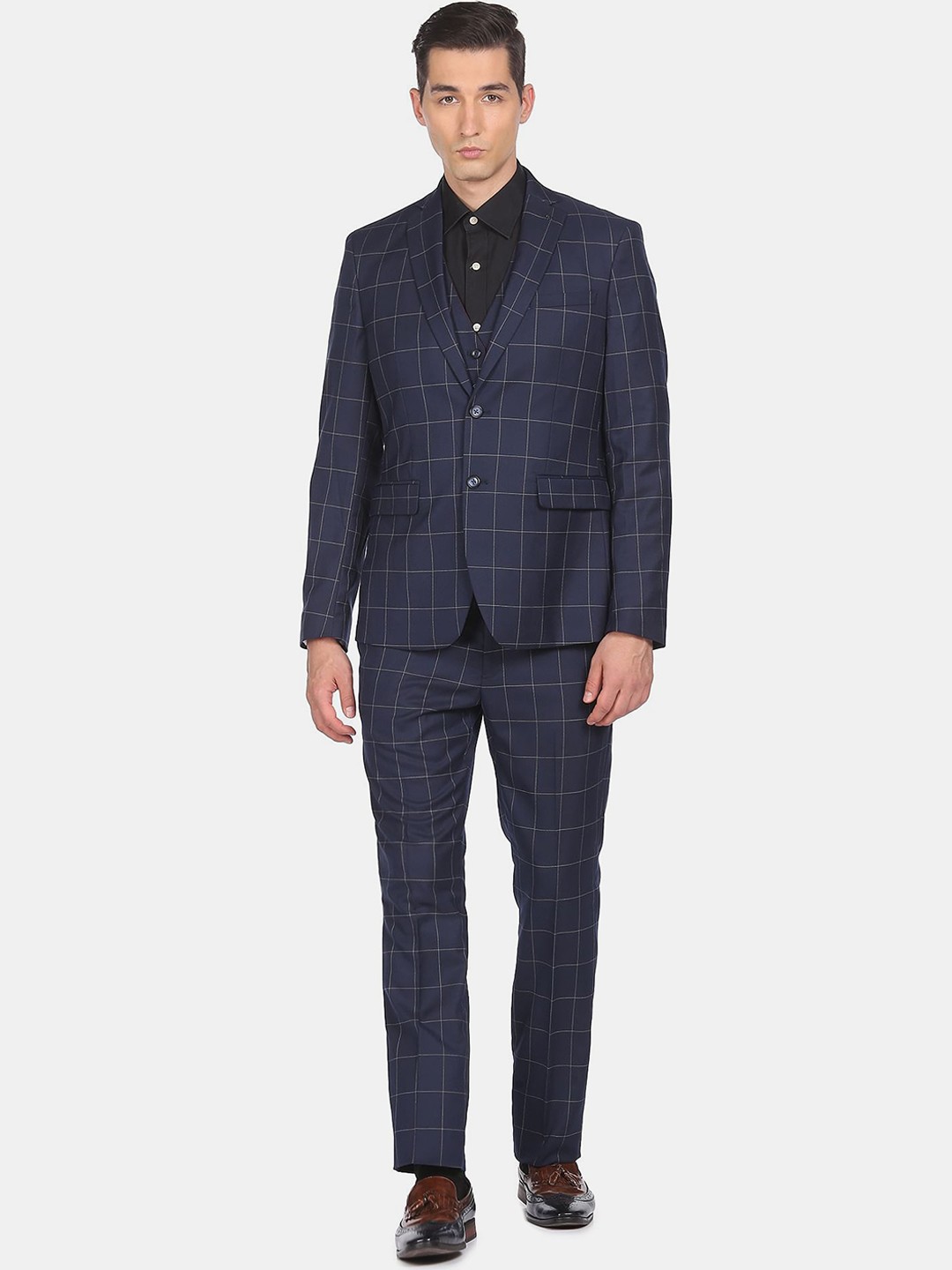 

Arrow Men Navy Blue Checked Single-Breasted Three-Piece Formal Suit