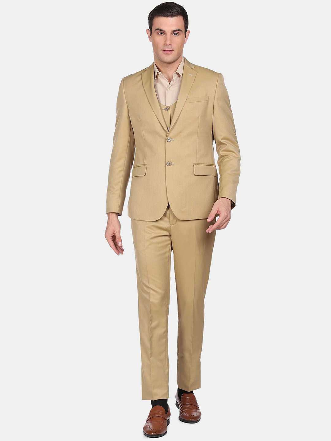 

Arrow Men Brown Solid Single-Breasted Three-Piece Formal Suit