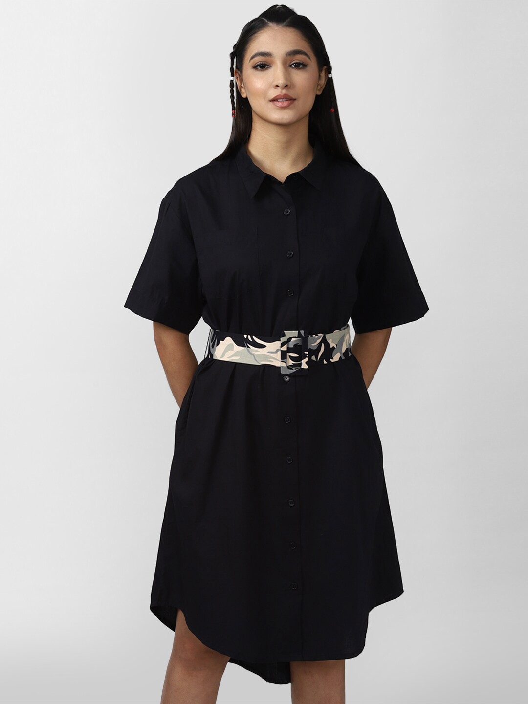 

FOREVER 21 Black Solid Pure Cotton Shirt Dress