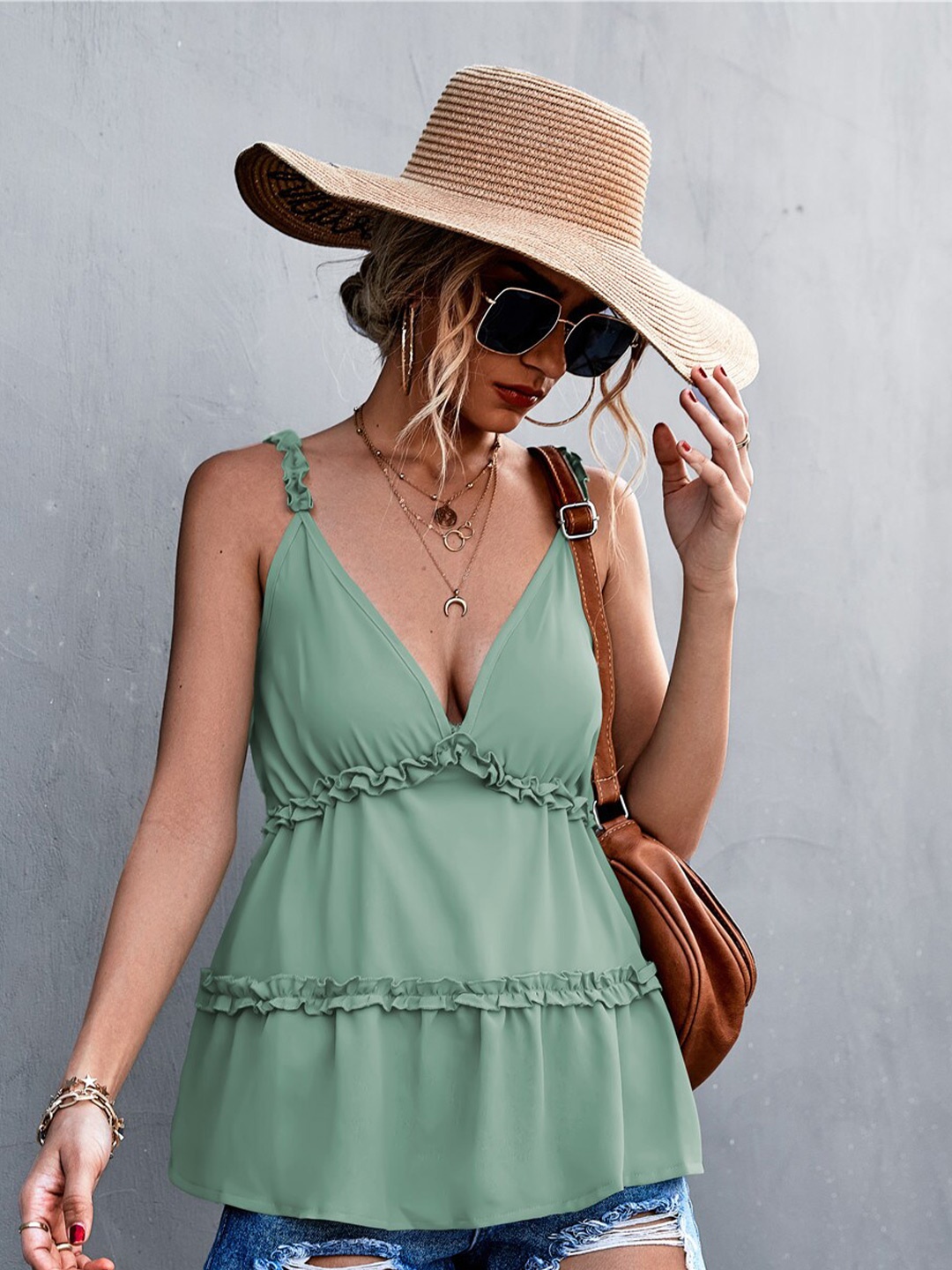

BoStreet Green Solid Peplum Top
