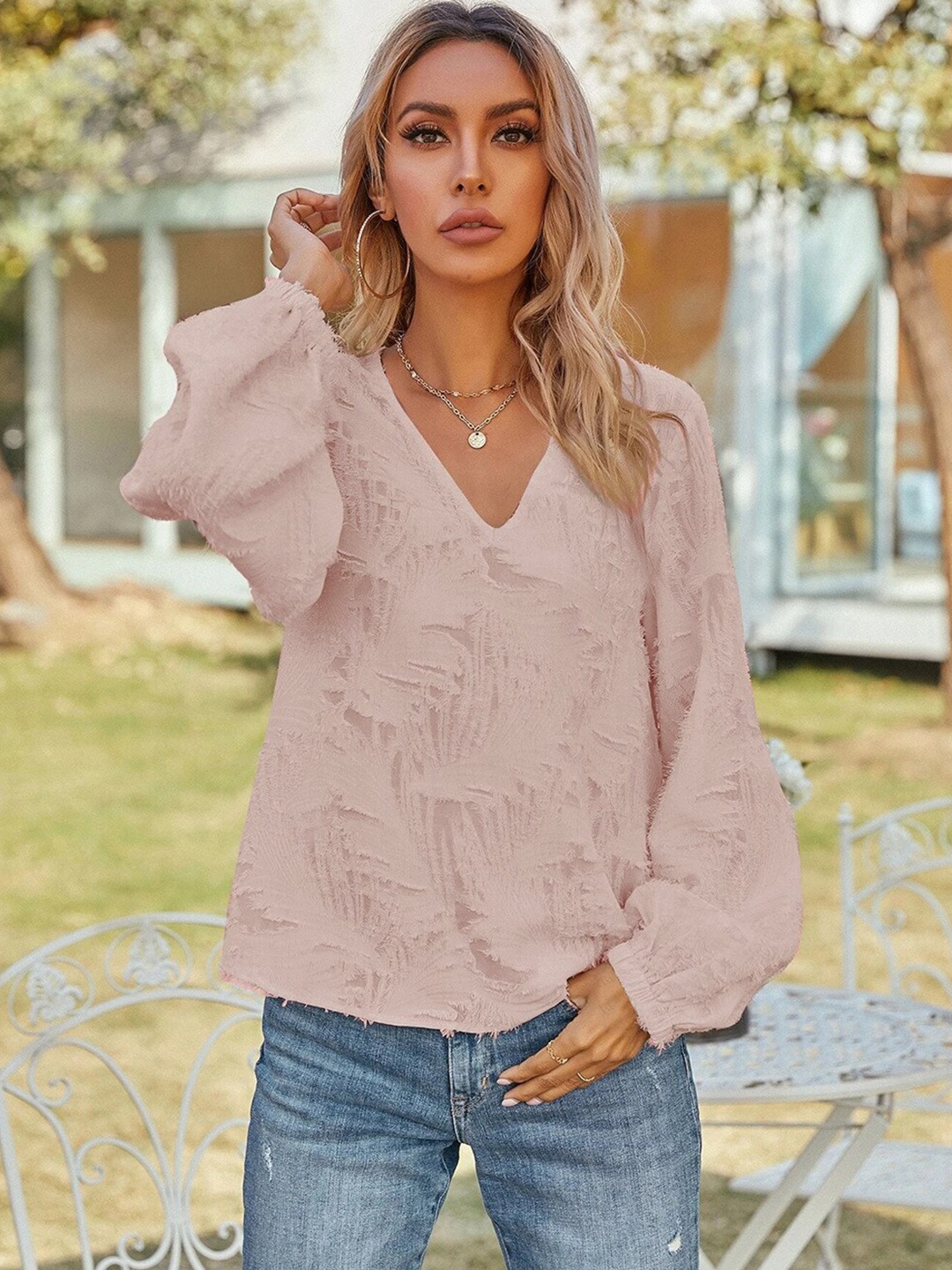 

StyleCast Pink V-Neck Self Design Top