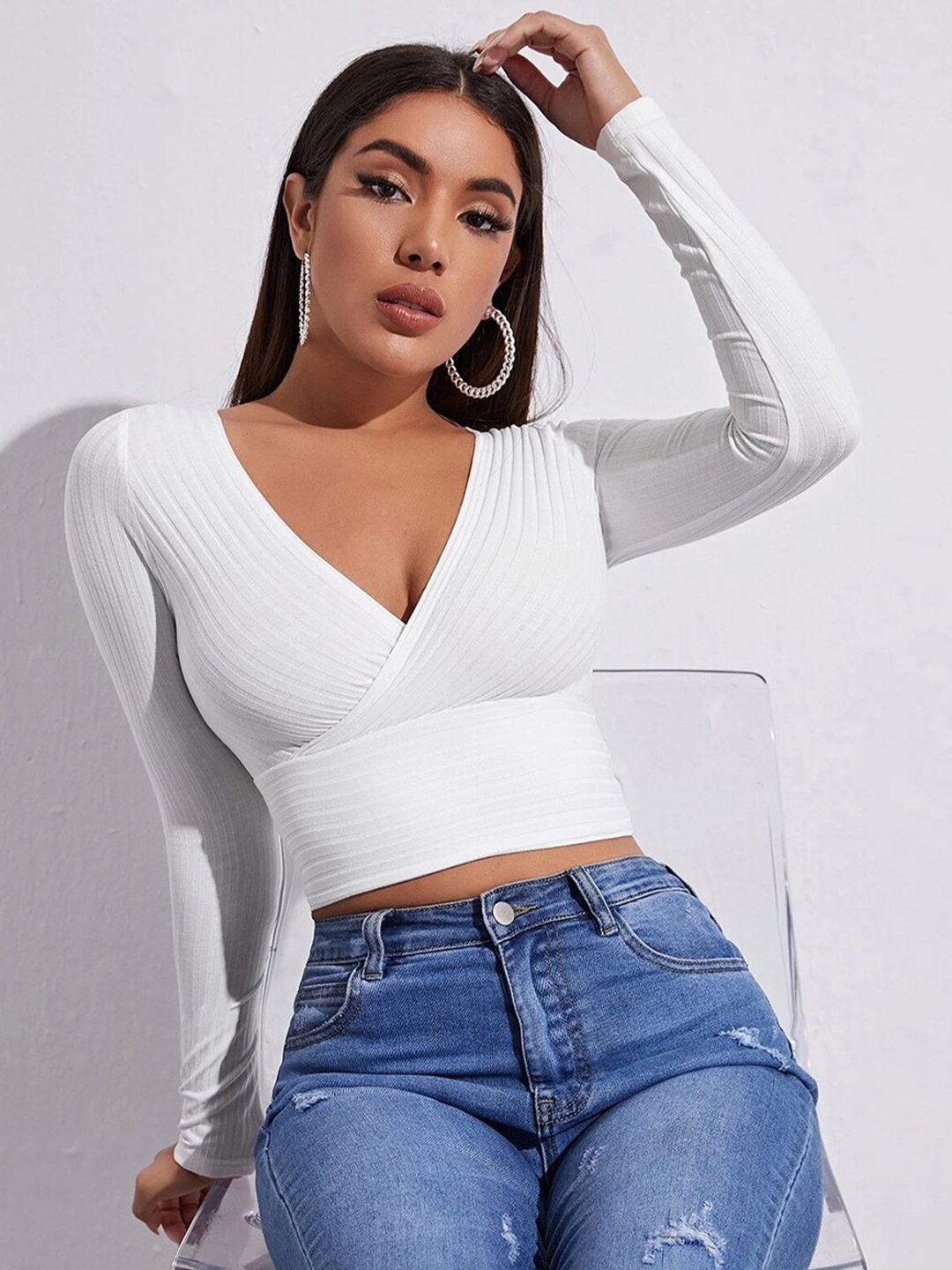 

BoStreet White Solid Wrap Crop Top