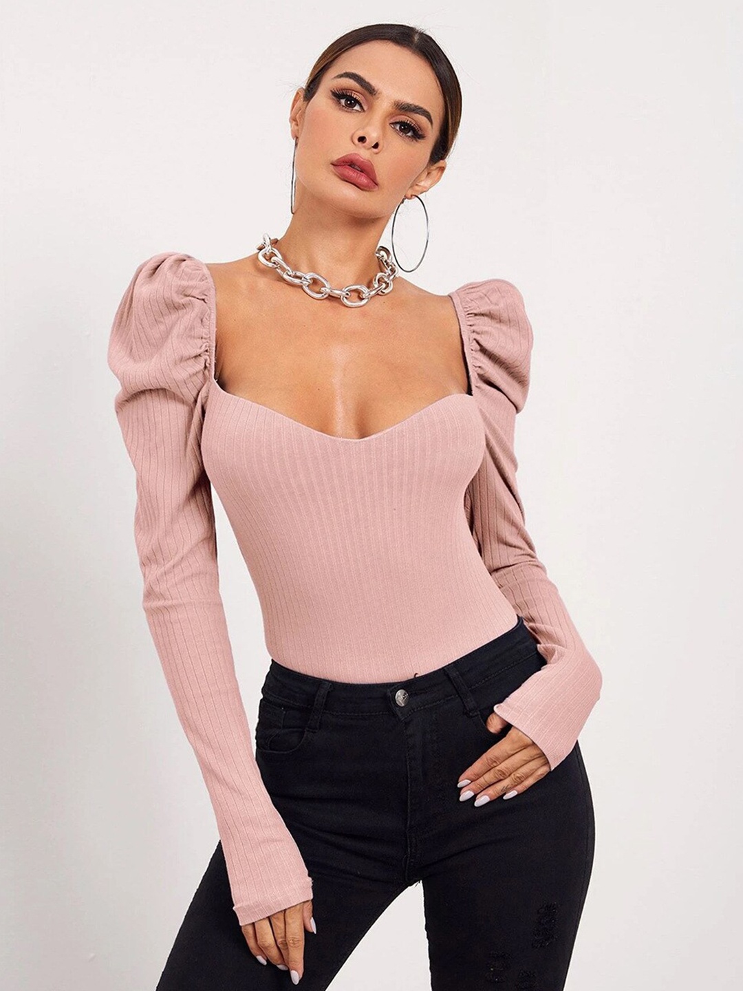 

BoStreet Pink Sweetheart Neck Solid Fitted Tops