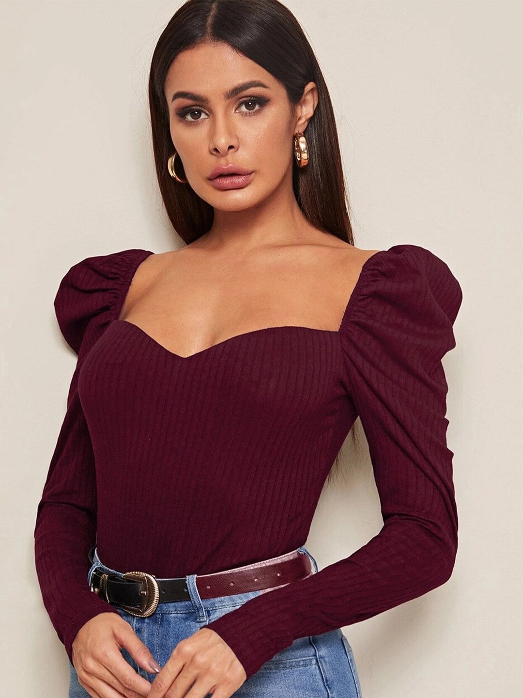 

BoStreet Women Maroon Sweetheart Neck Top